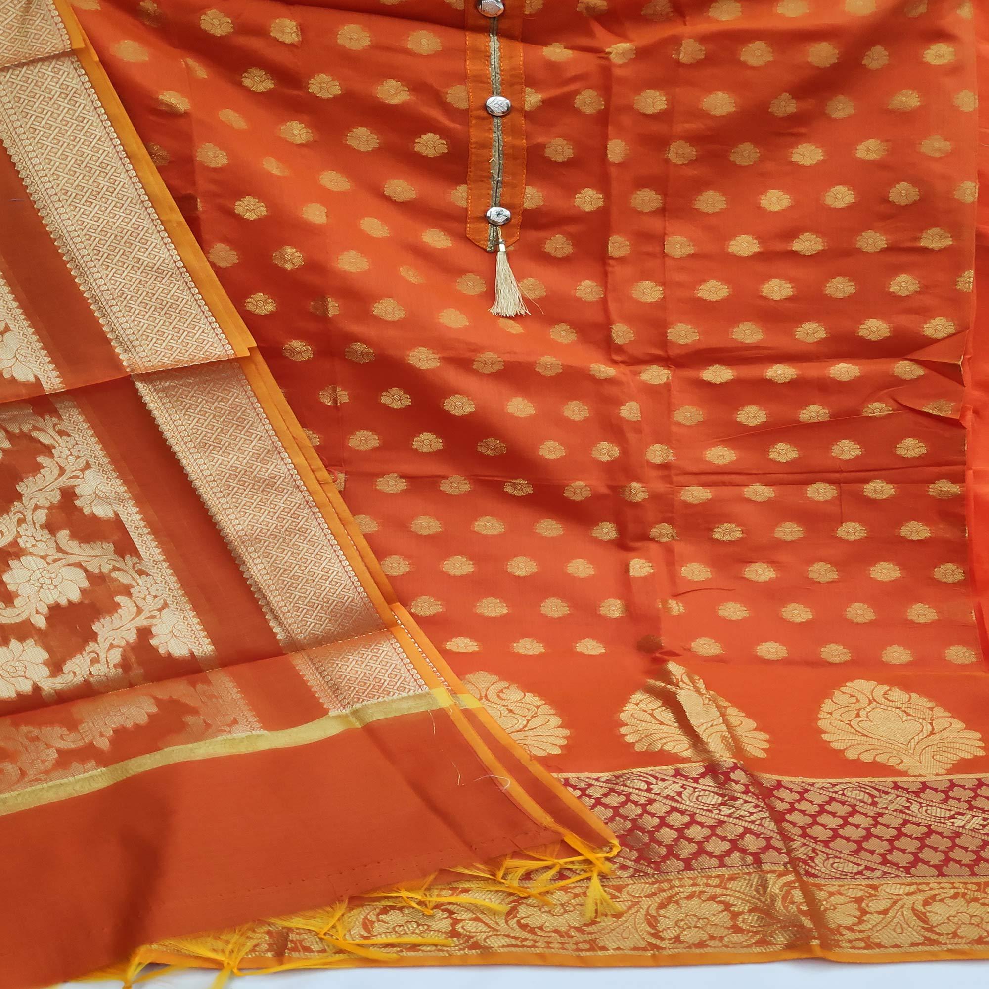 Dark Orange Festive Wear Woven Jacquard Banarasi Silk Dress Material - Peachmode