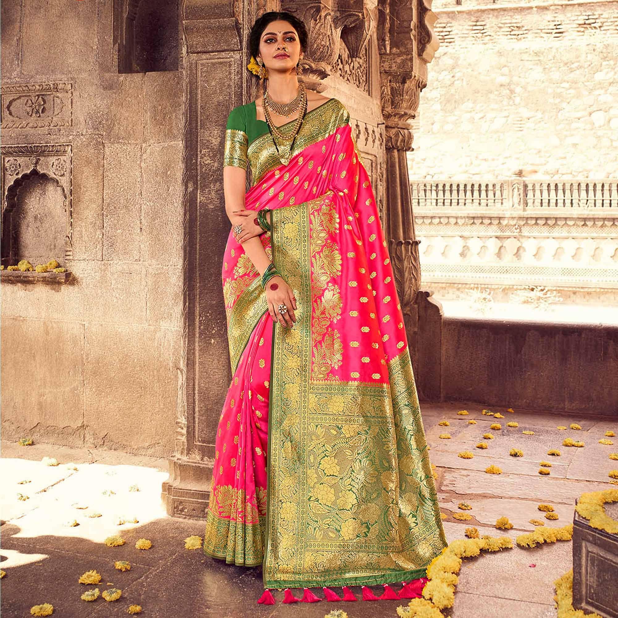 Dark Pink & Green Festive Wear Woven Banarasi Silk Saree - Peachmode