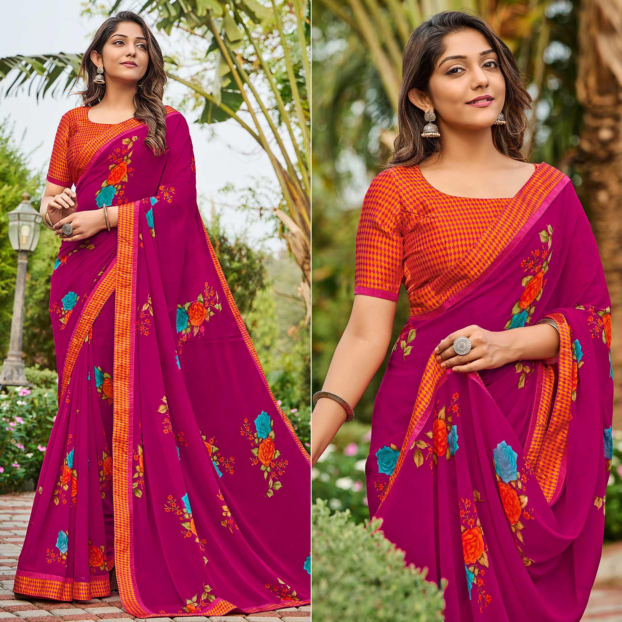 Dark Pink Casual Floral Printed Georgette Saree - Peachmode