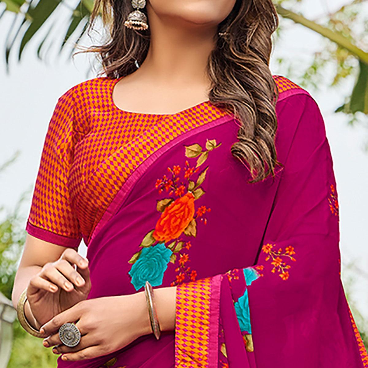 Dark Pink Casual Floral Printed Georgette Saree - Peachmode