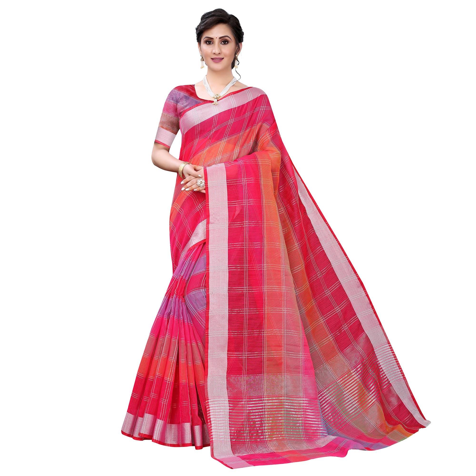 Dark Pink Casual Wear Checks Printed Silk Saree With Border - Peachmode
