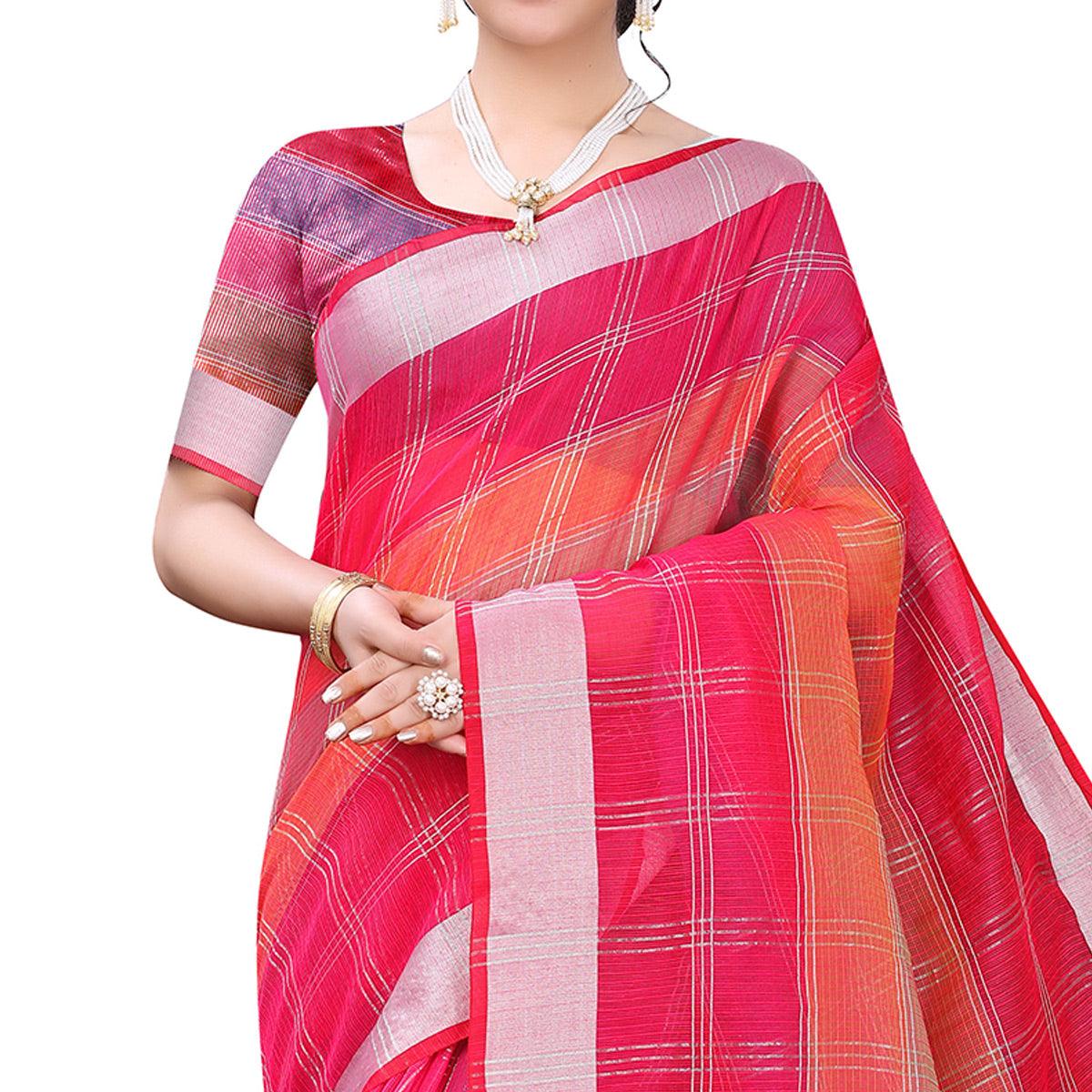 Dark Pink Casual Wear Checks Printed Silk Saree With Border - Peachmode