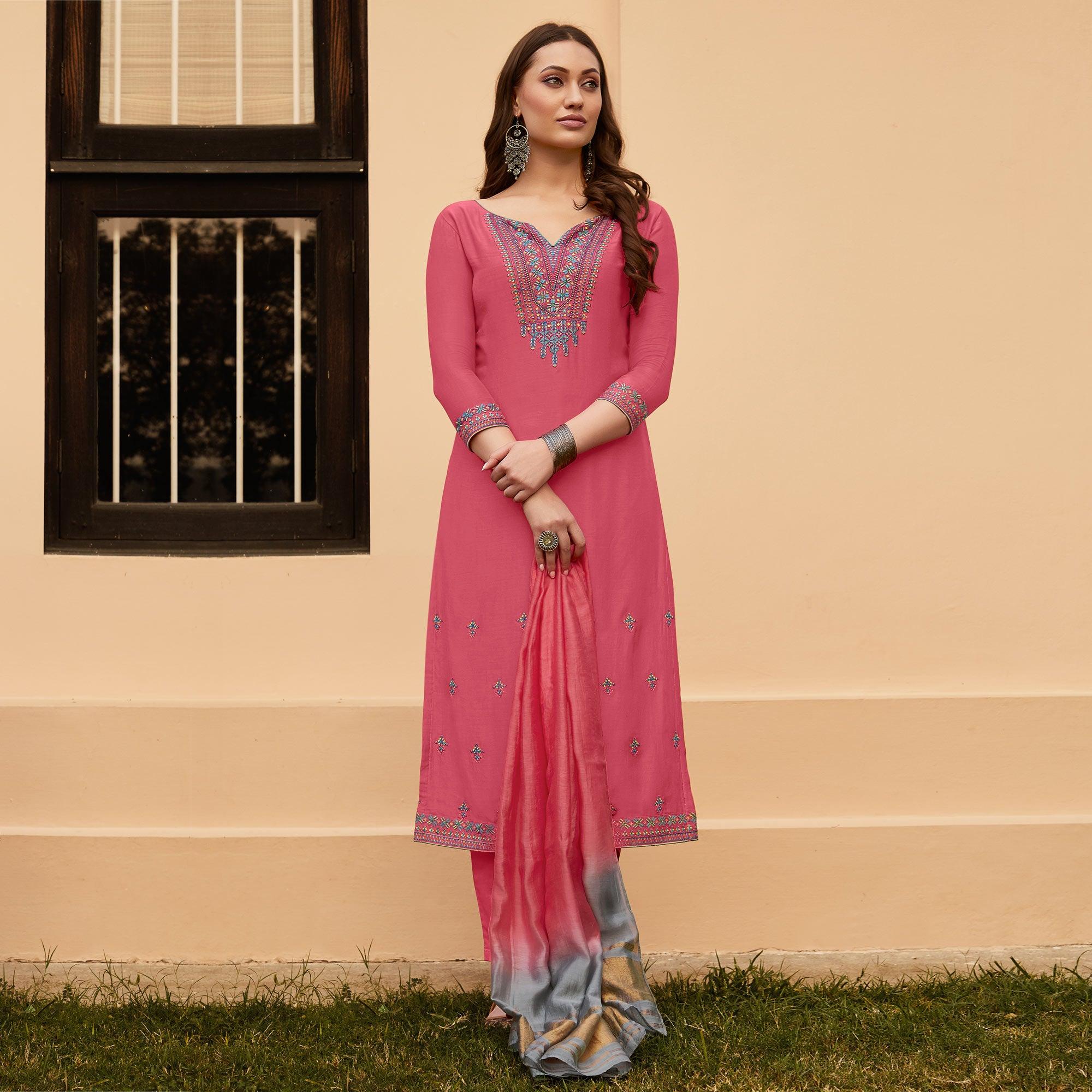Dark Pink Casual Wear Embroidered Georgette Suit - Peachmode