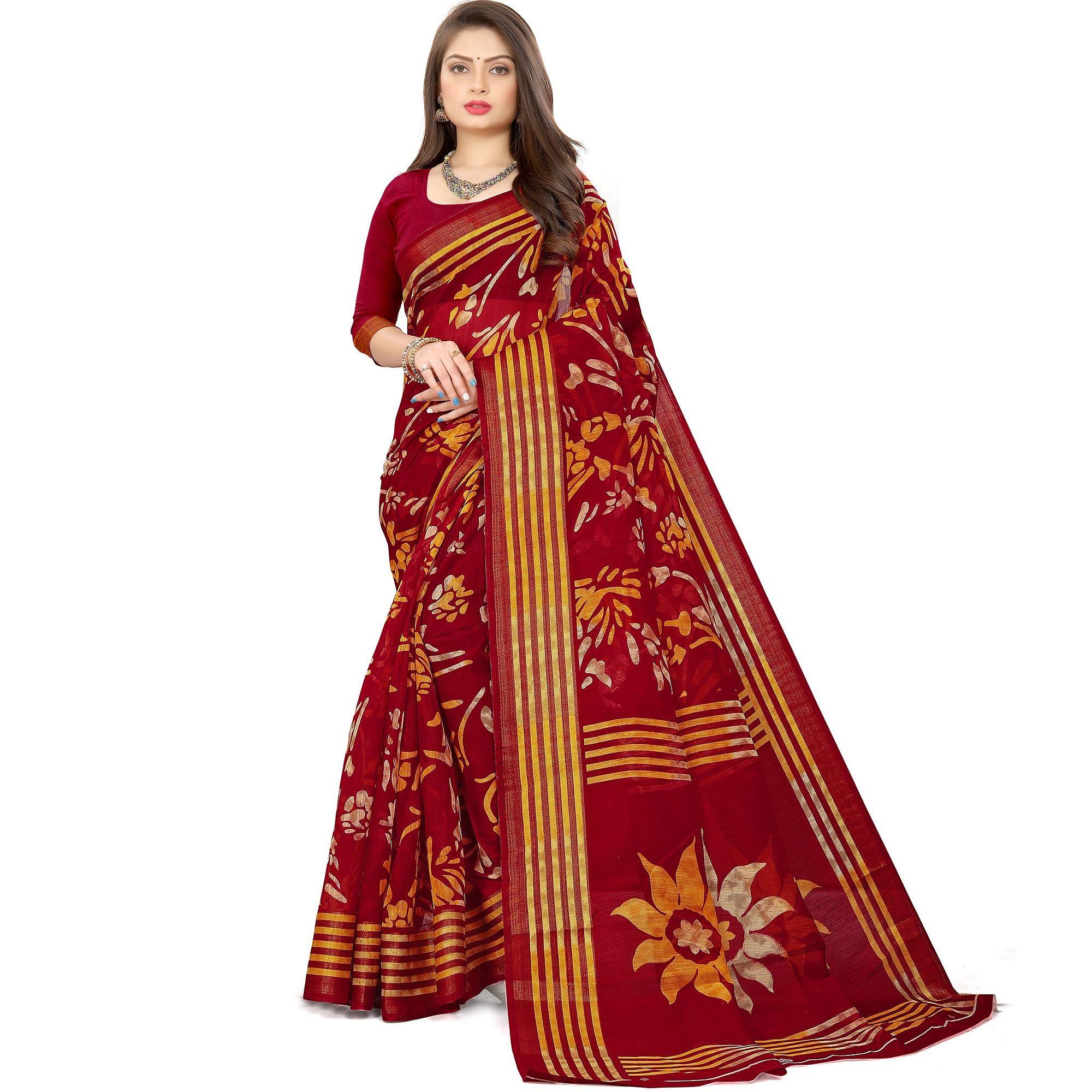 Dark Pink Casual Wear Floral Printed Cotton Linen Saree - Peachmode