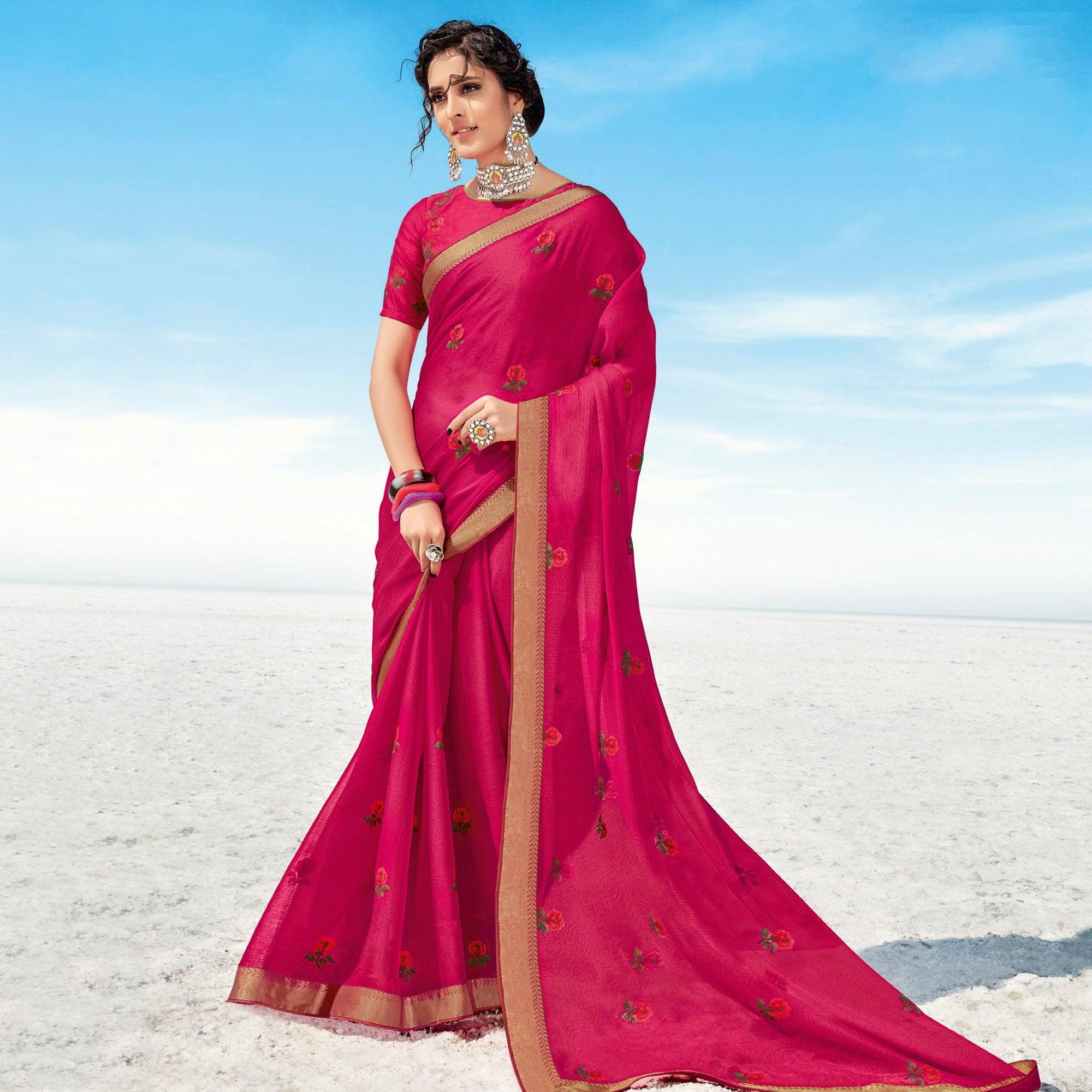 Dark Pink casual Wear Printed Chiffon Saree - Peachmode