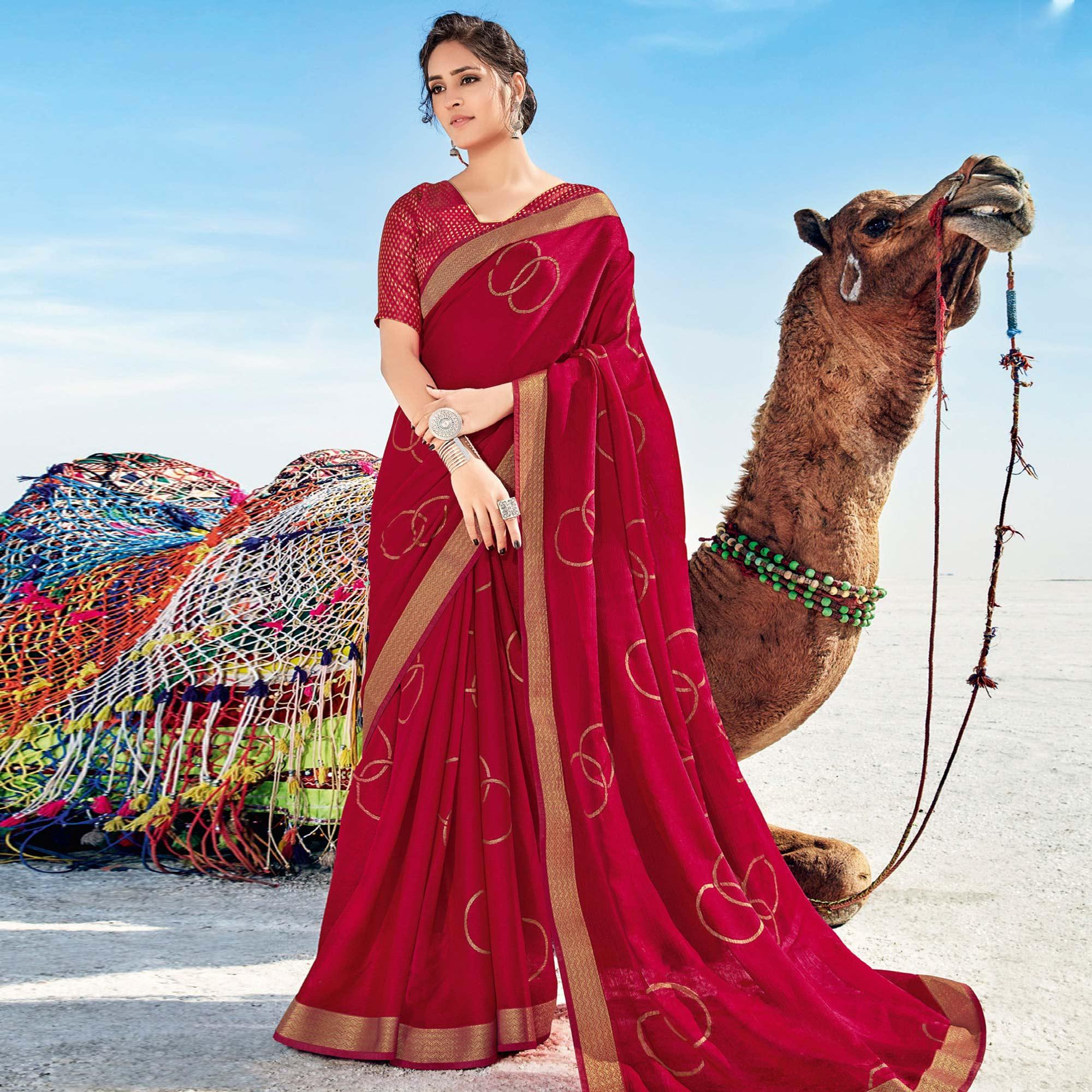 Dark Pink Casual Wear Printed Chiffon Saree - Peachmode