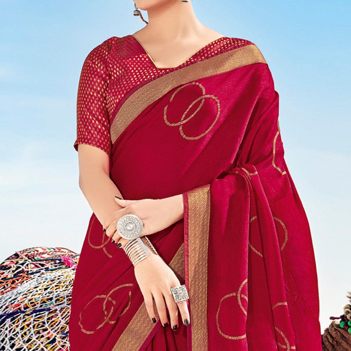 Dark Pink Casual Wear Printed Chiffon Saree - Peachmode