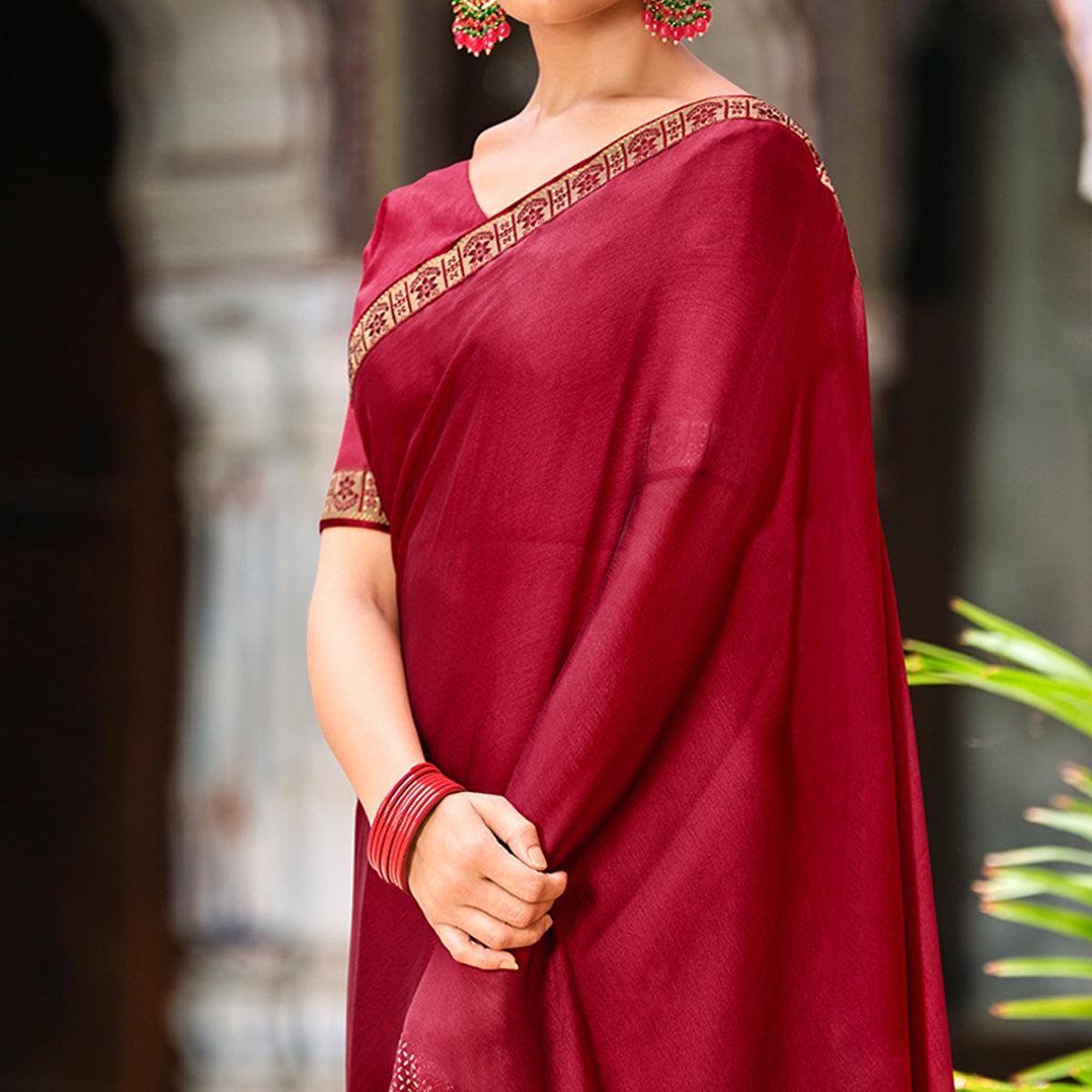 Dark Pink Casual Wear Printed Moss Saree With Fancy Zari Border - Peachmode