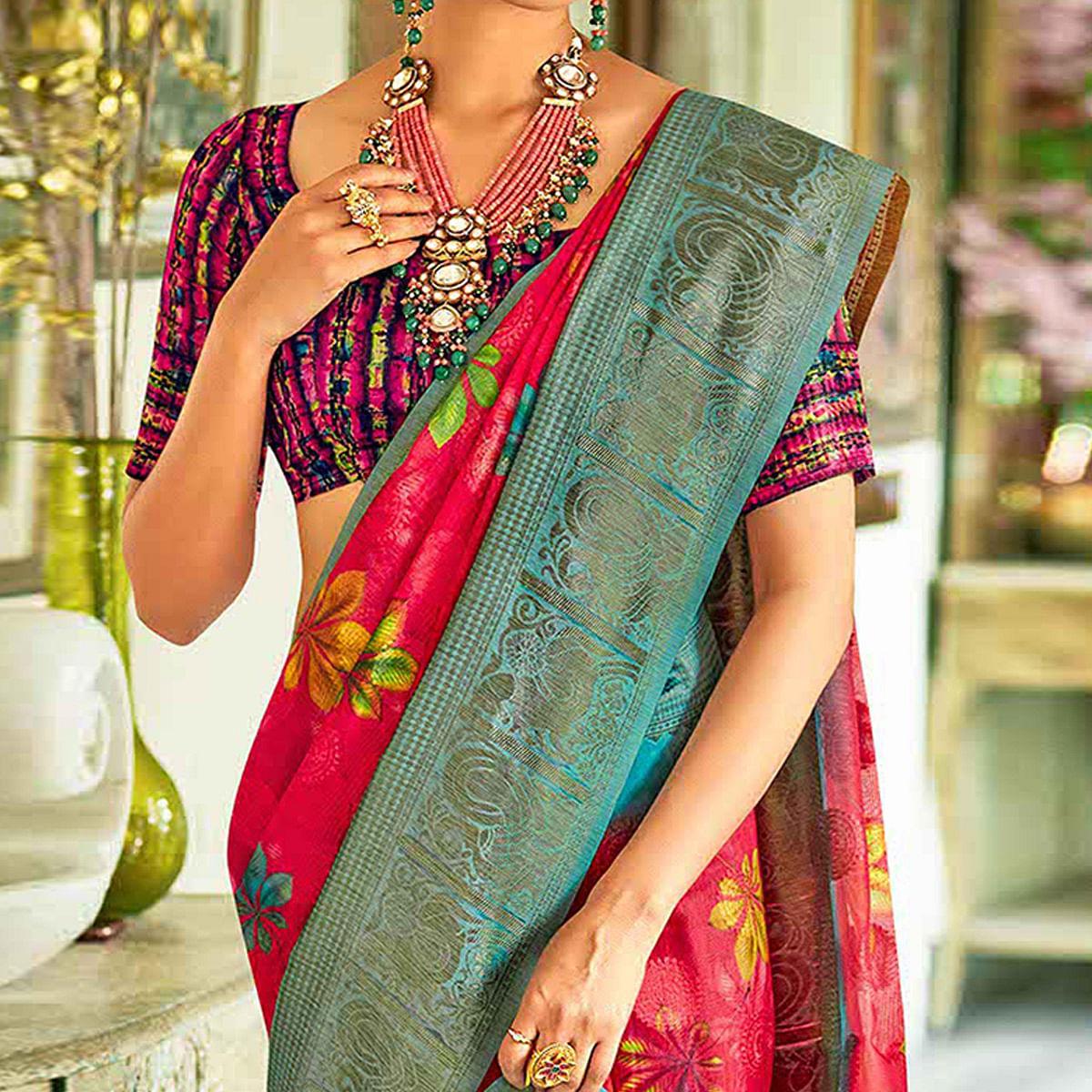 Dark Pink Casual Wear Printed Soft Cotton Saree - Peachmode