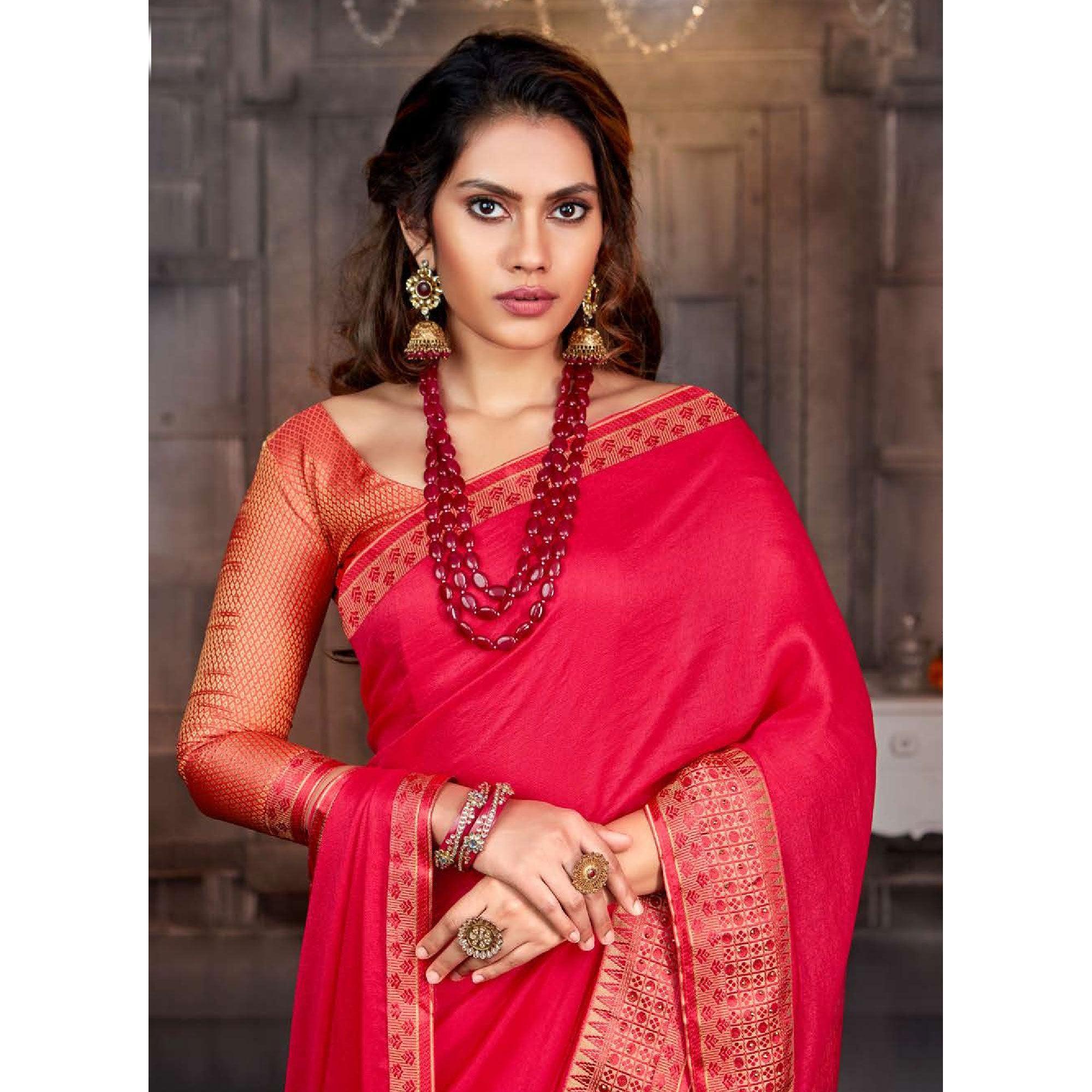 Dark Pink Casual Wear Solid Silk Saree With Border - Peachmode