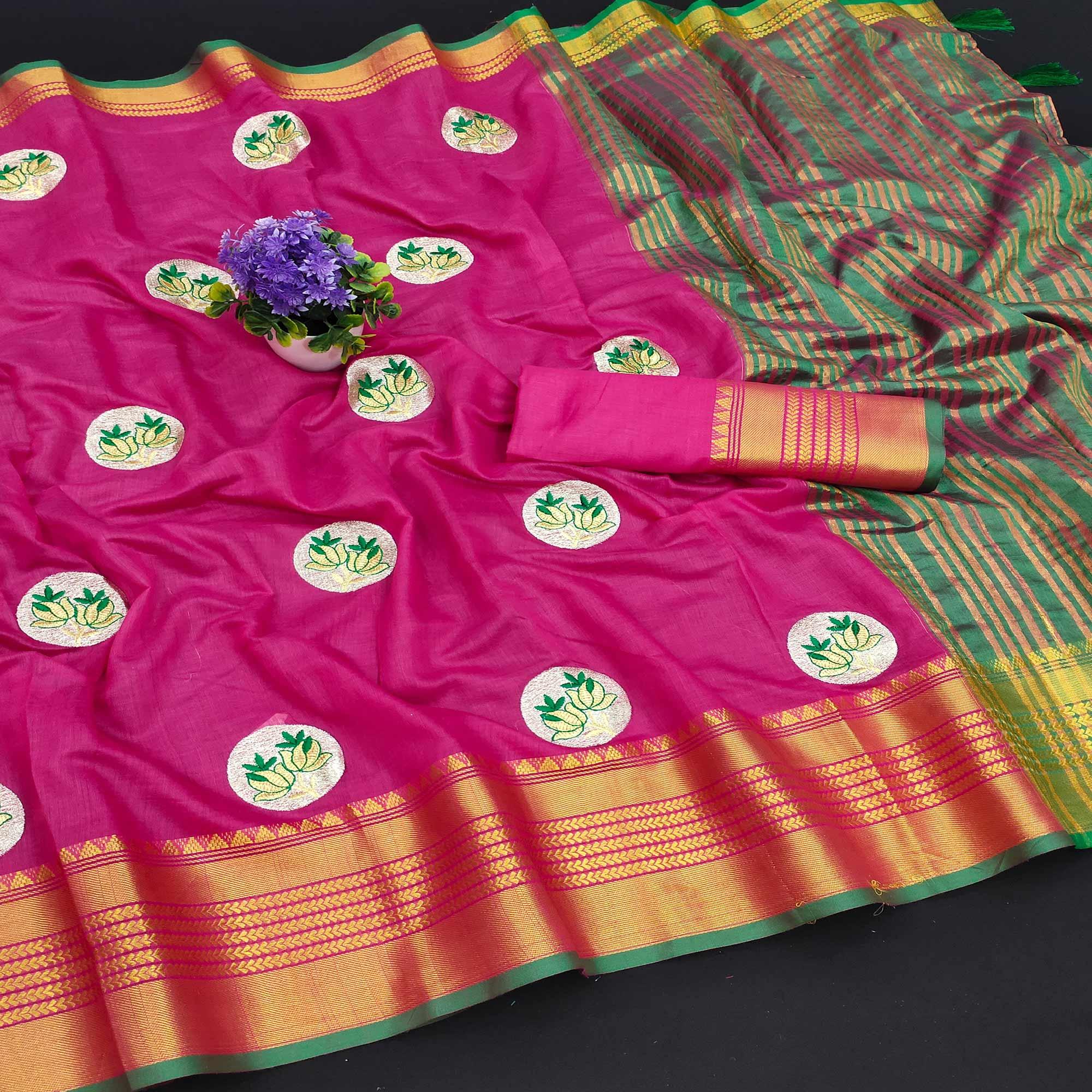 Dark Pink Casual Wear Woven Chanderi Silk Saree - Peachmode