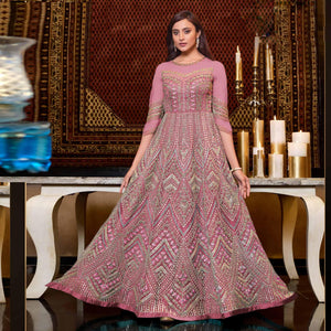 Dark Pink Designer Partywear Embroidered Heavy Net Anarakali Suit - Peachmode