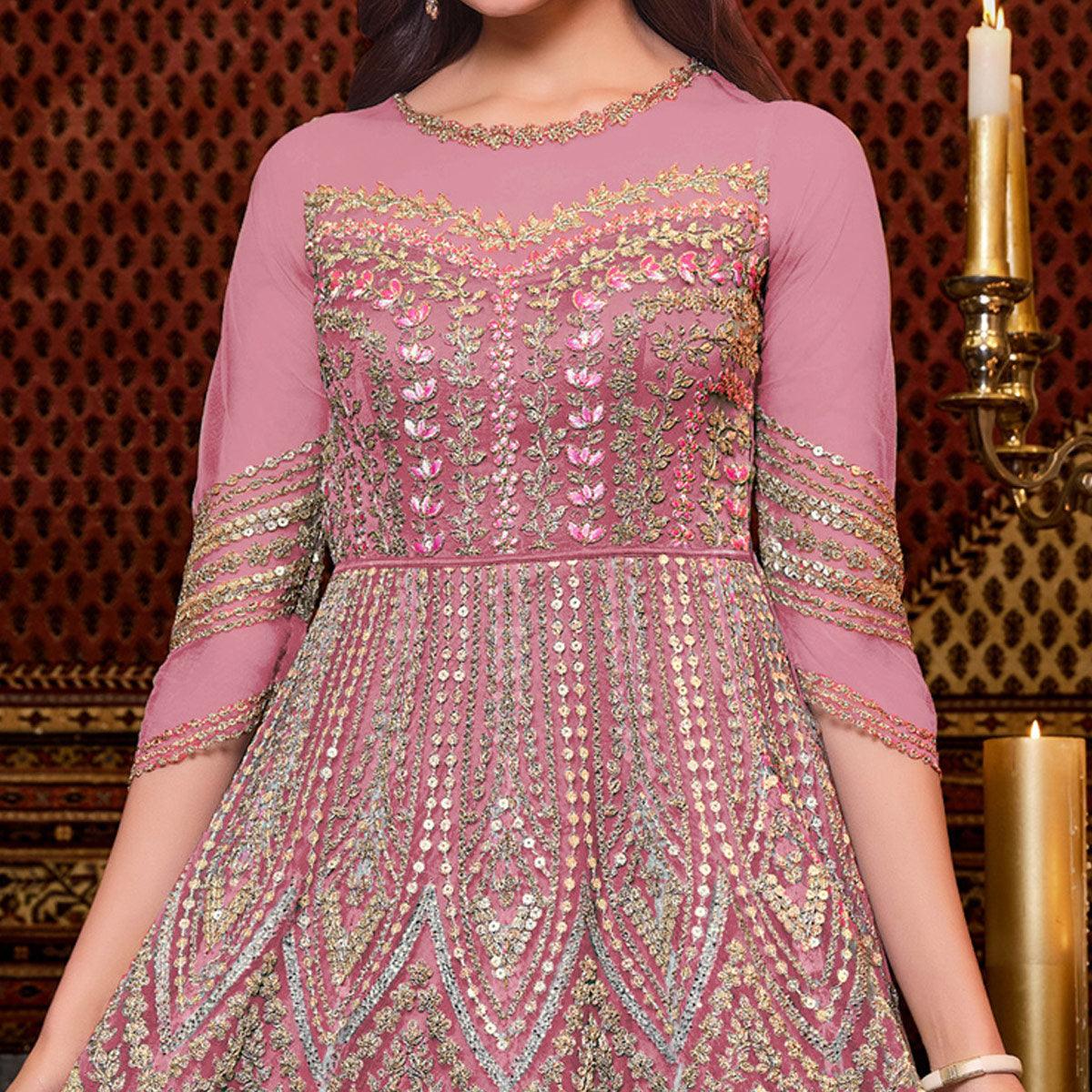 Dark Pink Designer Partywear Embroidered Heavy Net Anarakali Suit - Peachmode