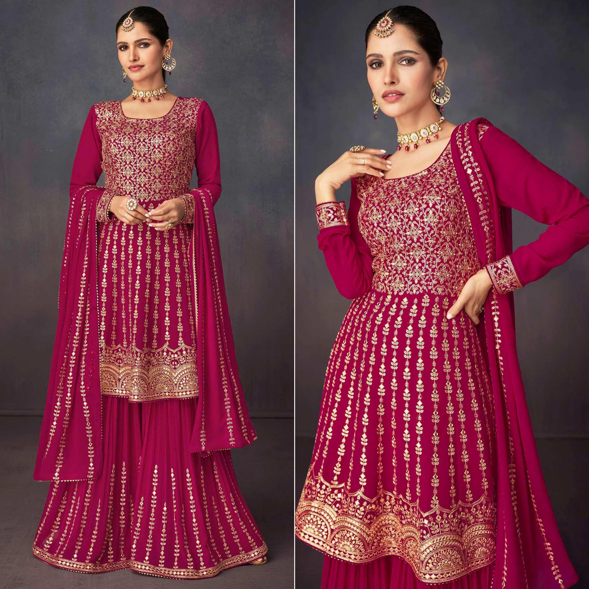 Dark Pink Embroidered Georgette Sharara Suit - Peachmode
