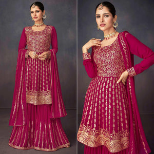 Dark Pink Embroidered Georgette Sharara Suit - Peachmode