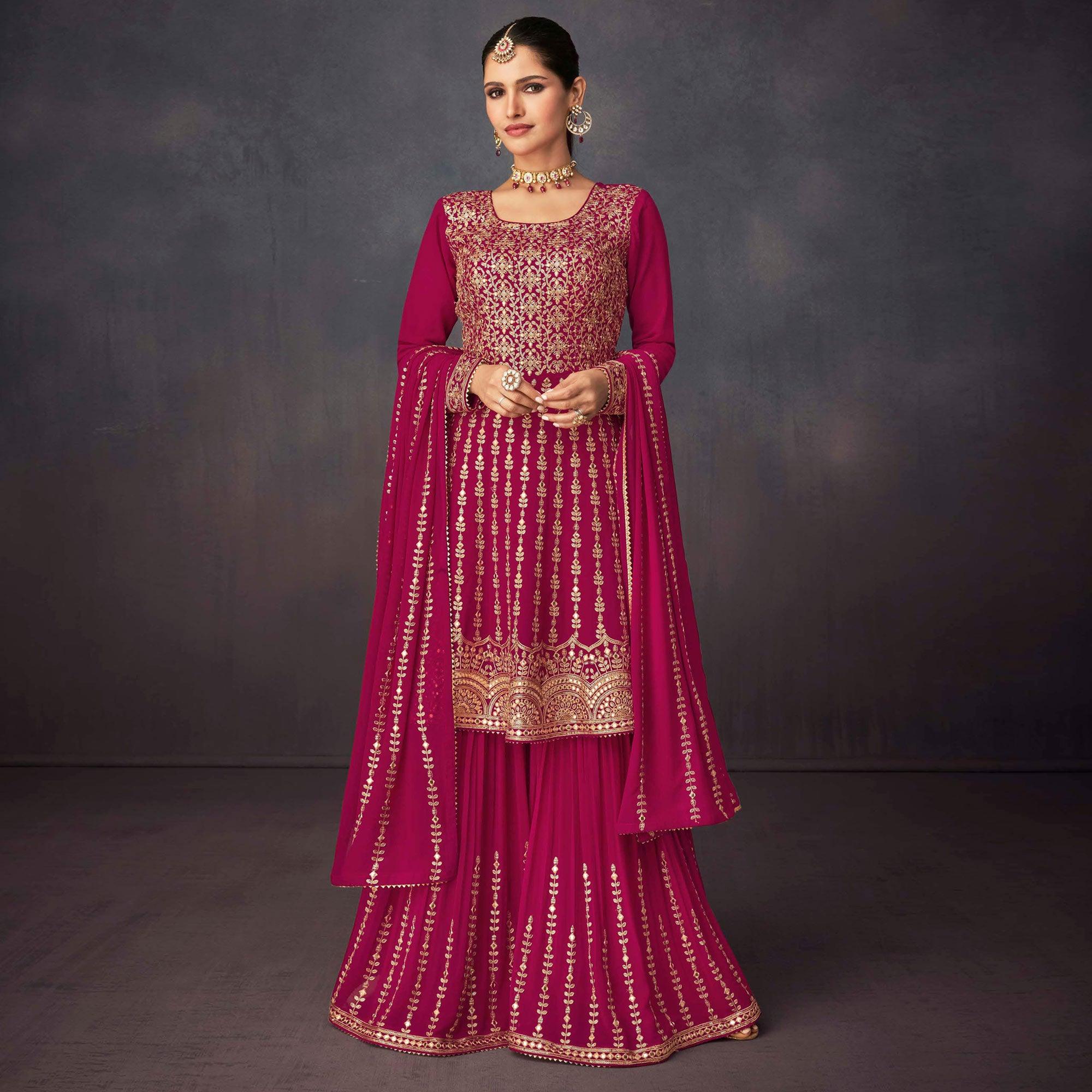 Dark Pink Embroidered Georgette Sharara Suit - Peachmode