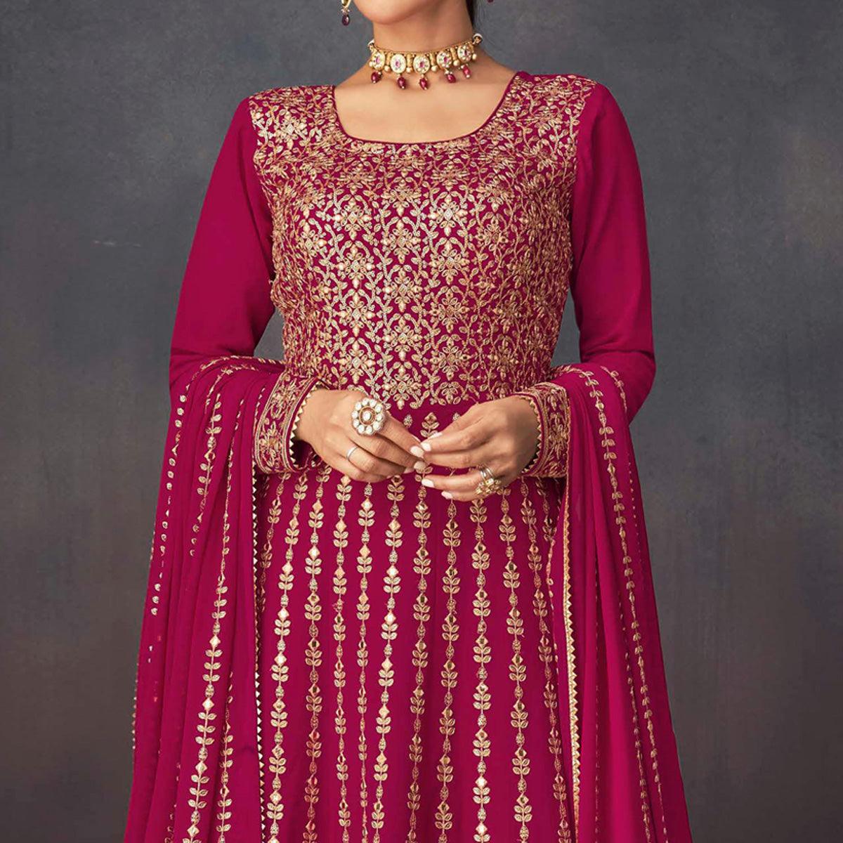 Dark Pink Embroidered Georgette Sharara Suit - Peachmode
