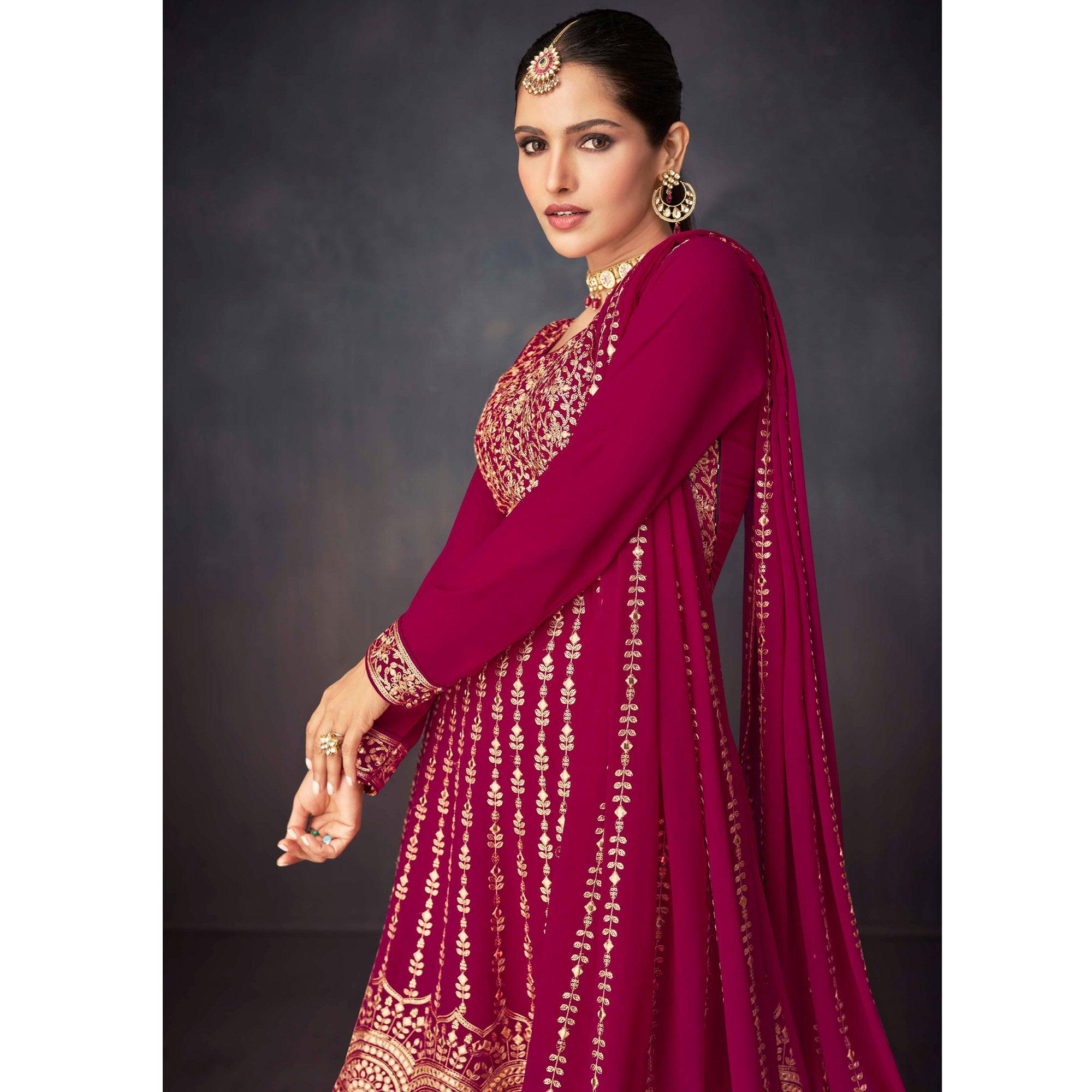 Dark Pink Embroidered Georgette Sharara Suit - Peachmode