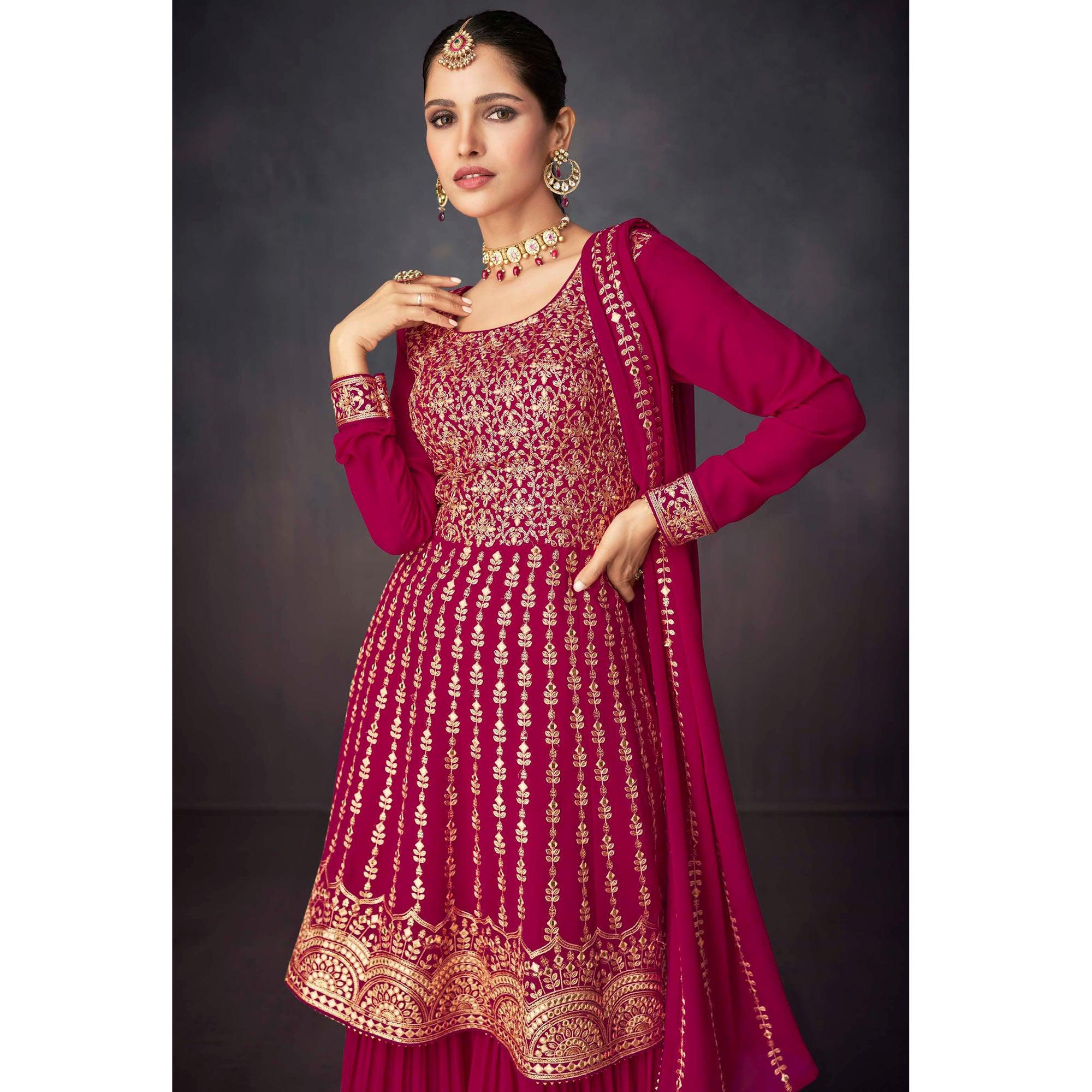 Dark Pink Embroidered Georgette Sharara Suit - Peachmode