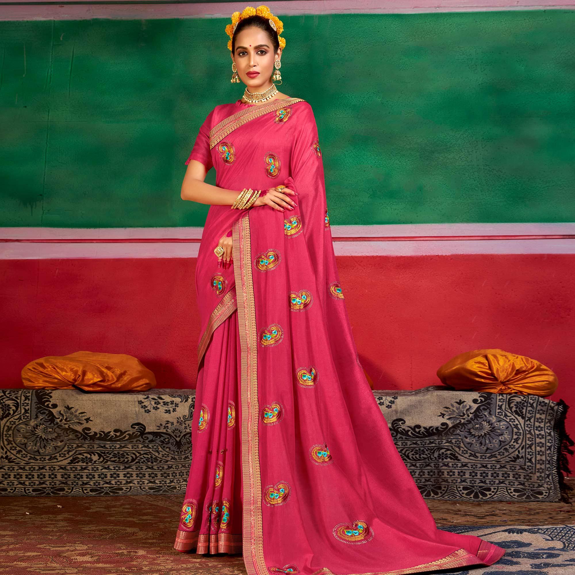 Dark Pink Festive Wear Embroidered Dola Silk Saree - Peachmode