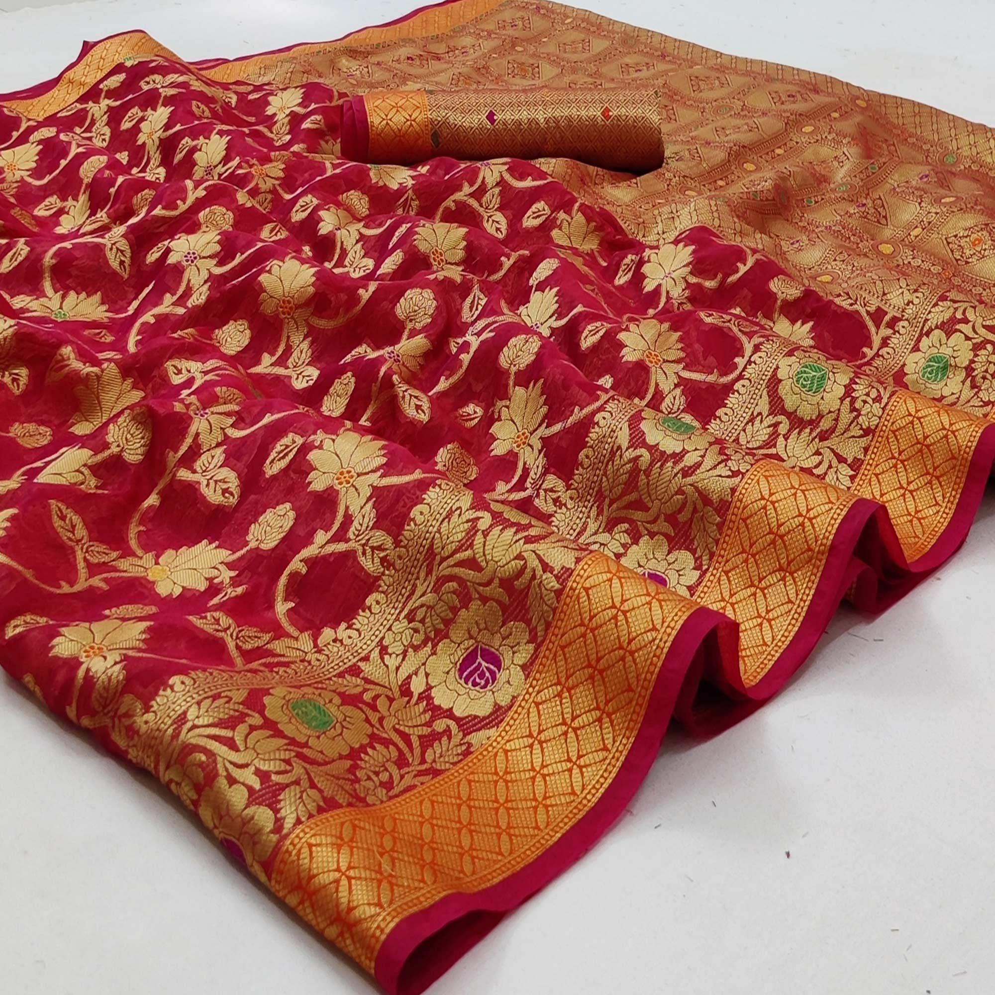 Dark Pink Festive Wear Floral Woven Organza Saree - Peachmode