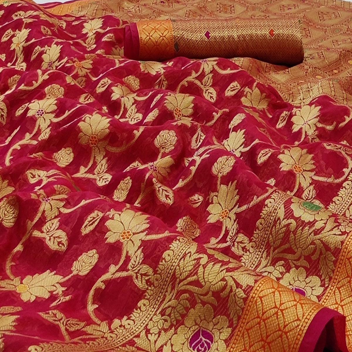 Dark Pink Festive Wear Floral Woven Organza Saree - Peachmode