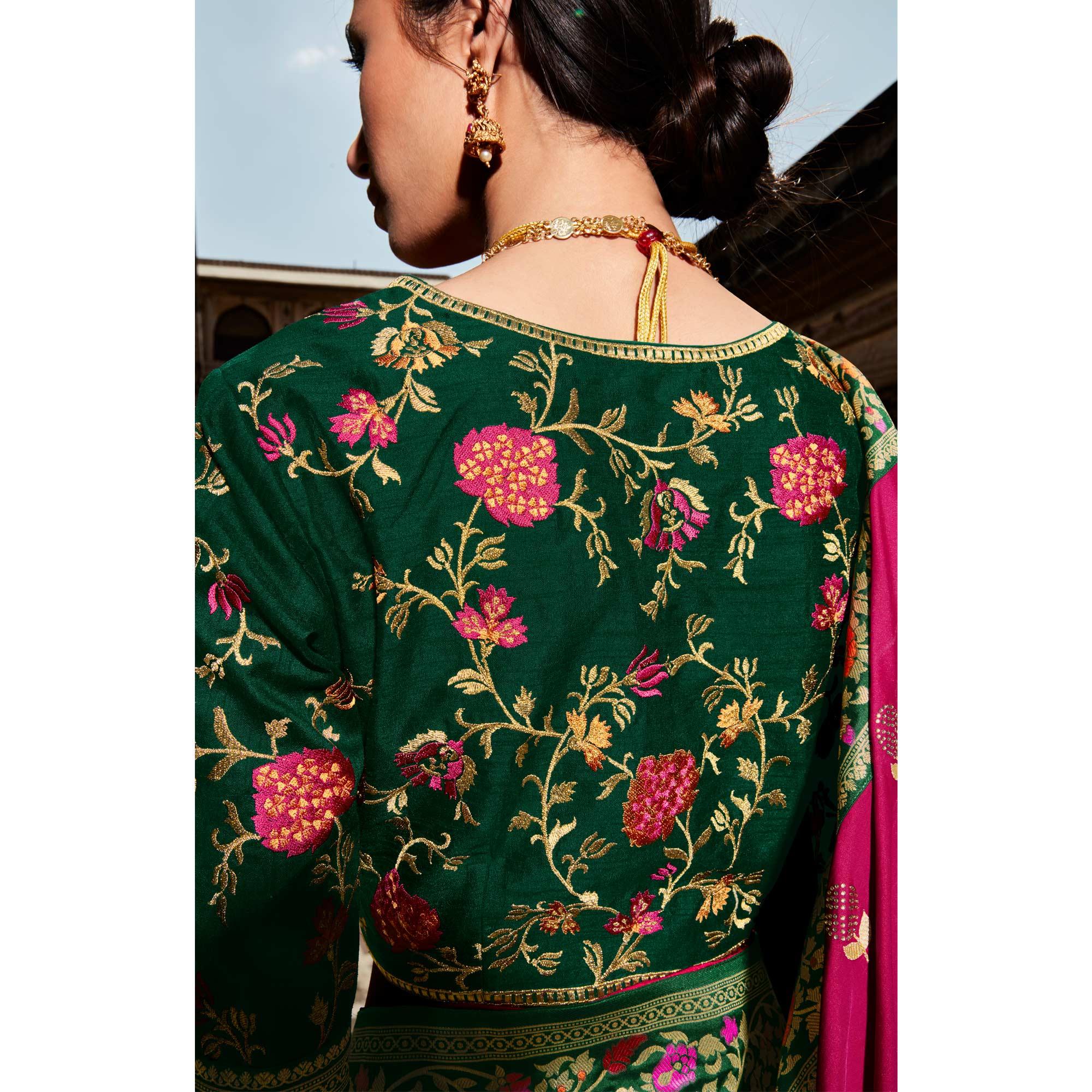 Dark Pink Festive Wear Floral Woven Silk Saree - Peachmode