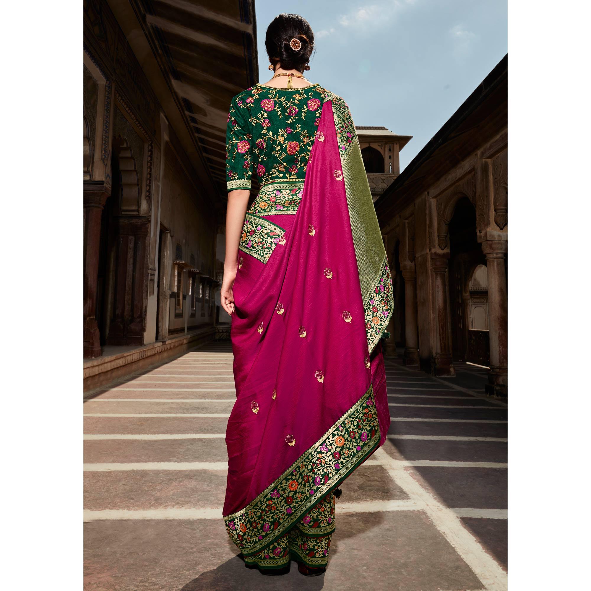 Dark Pink Festive Wear Floral Woven Silk Saree - Peachmode