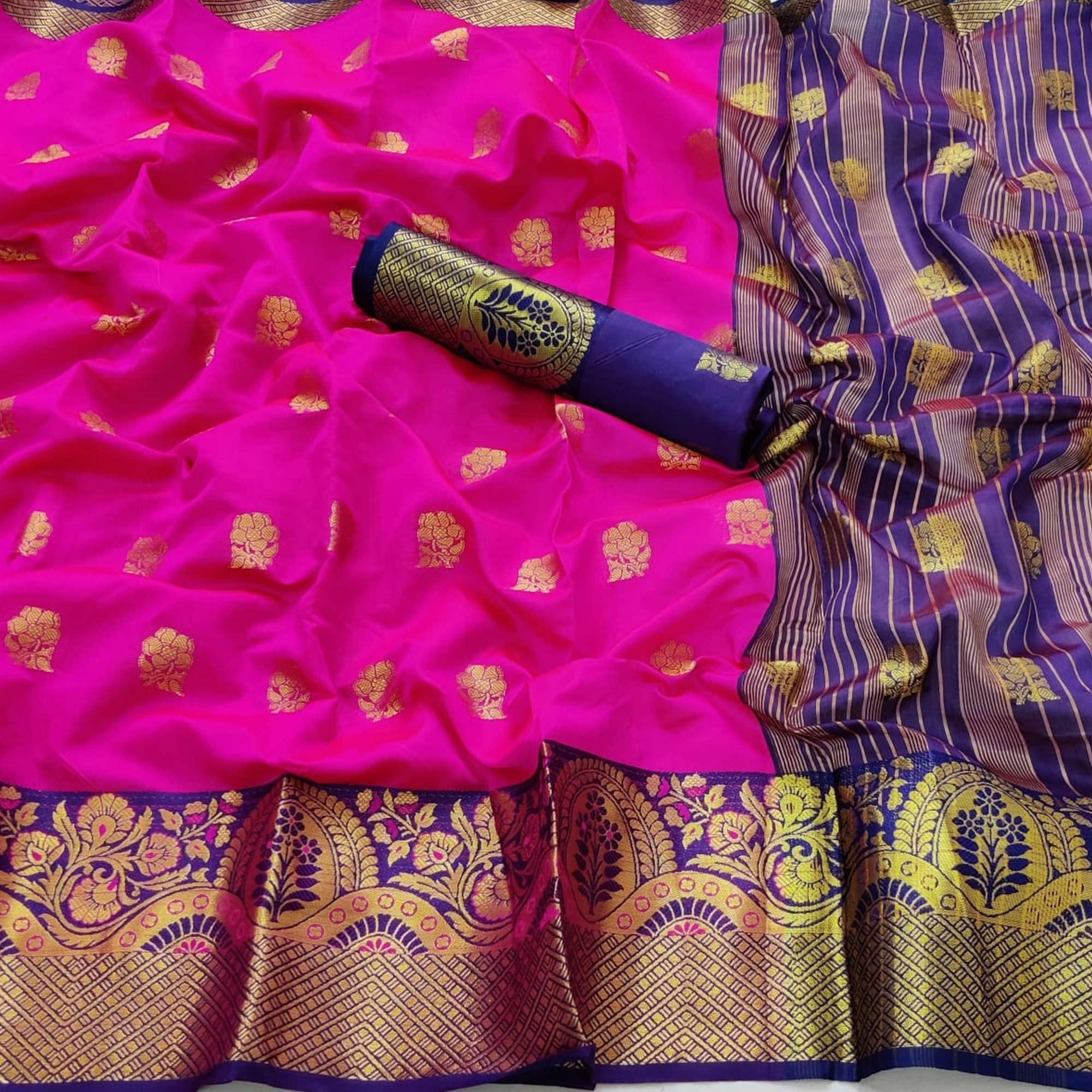 Dark Pink Festive Wear Floral Woven Soft Silk Saree With Meena Butta Lining Pallu - Peachmode