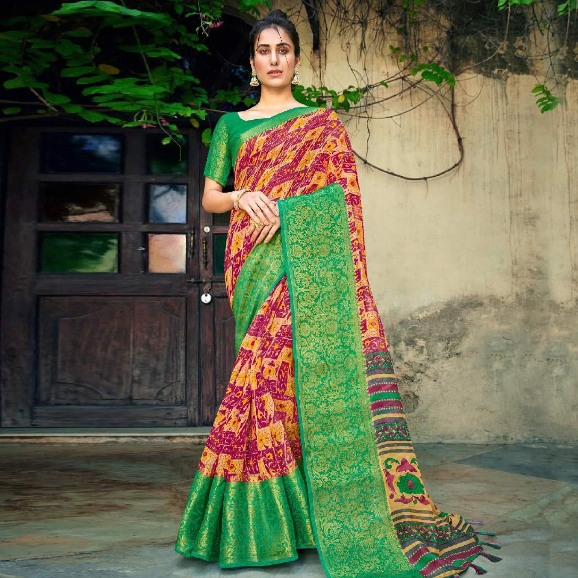 Dark Pink Festive Wear Printed Cotton Silk Saree With Woven Border - Peachmode