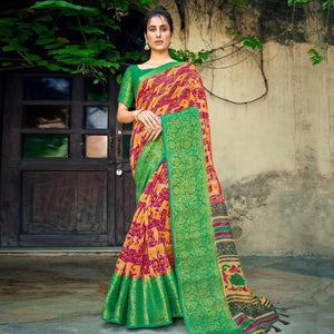 Dark Pink Festive Wear Printed Cotton Silk Saree With Woven Border - Peachmode