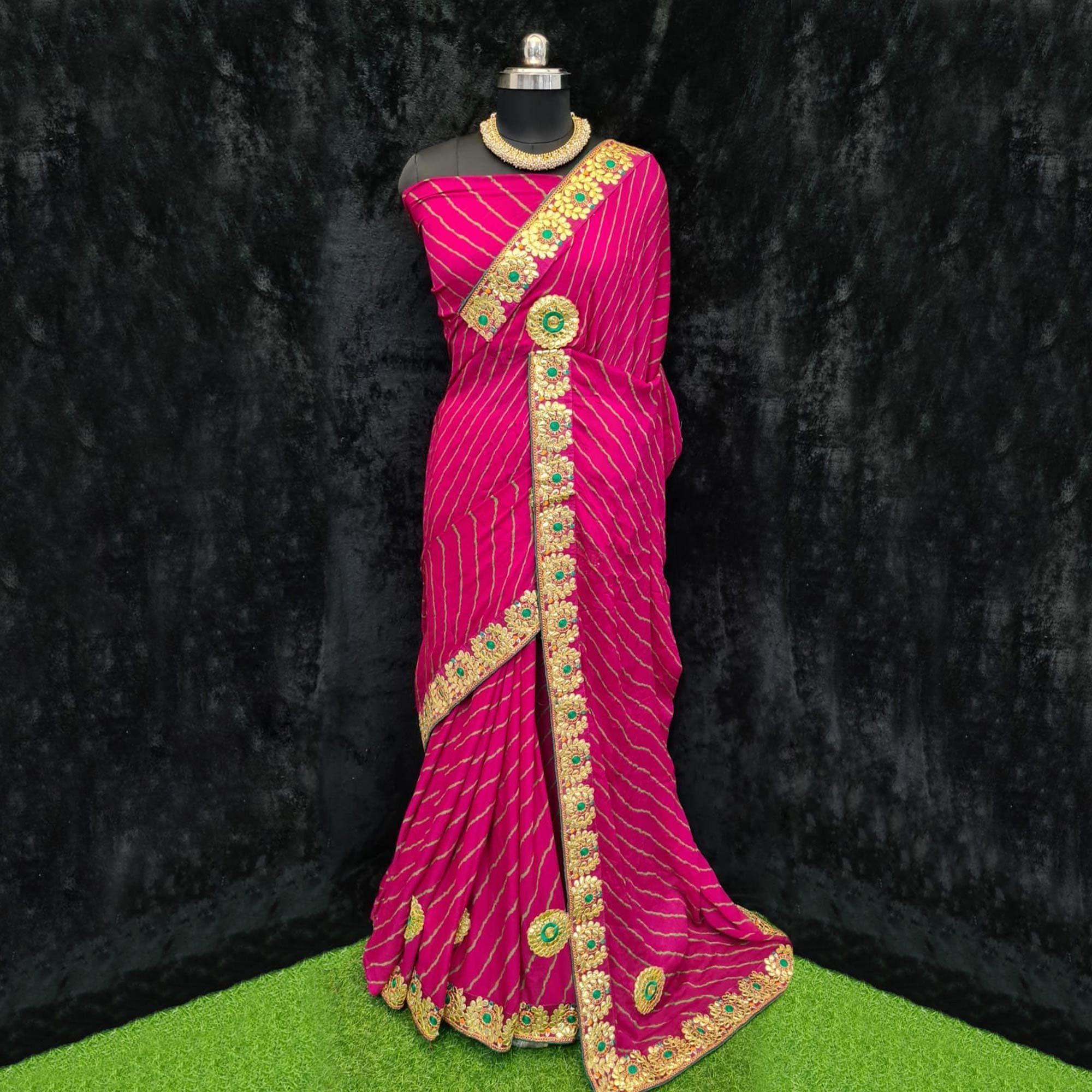 Dark Pink Festive Wear Printed Georgette Saree With Lace Border - Peachmode