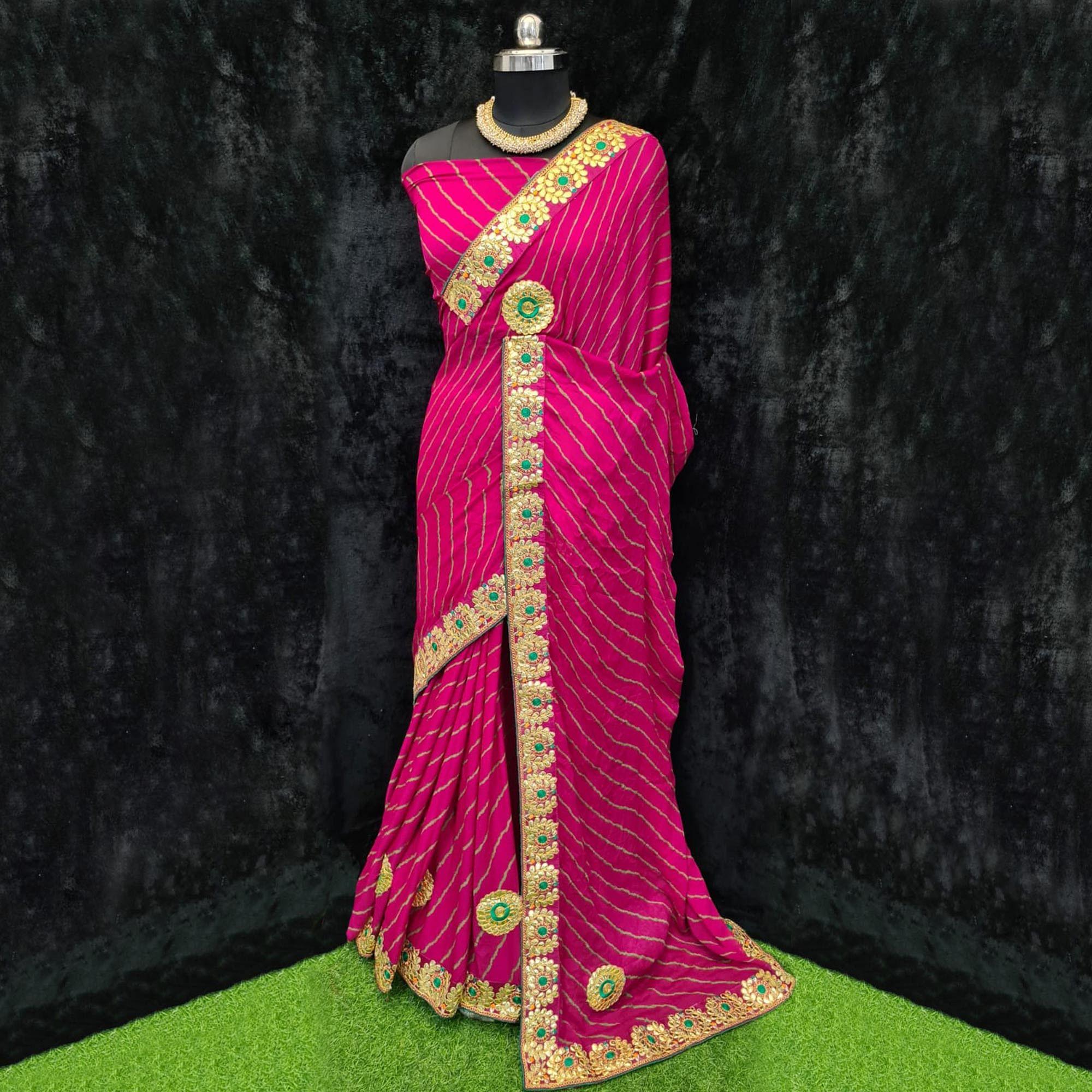 Dark Pink Festive Wear Printed Georgette Saree With Lace Border - Peachmode