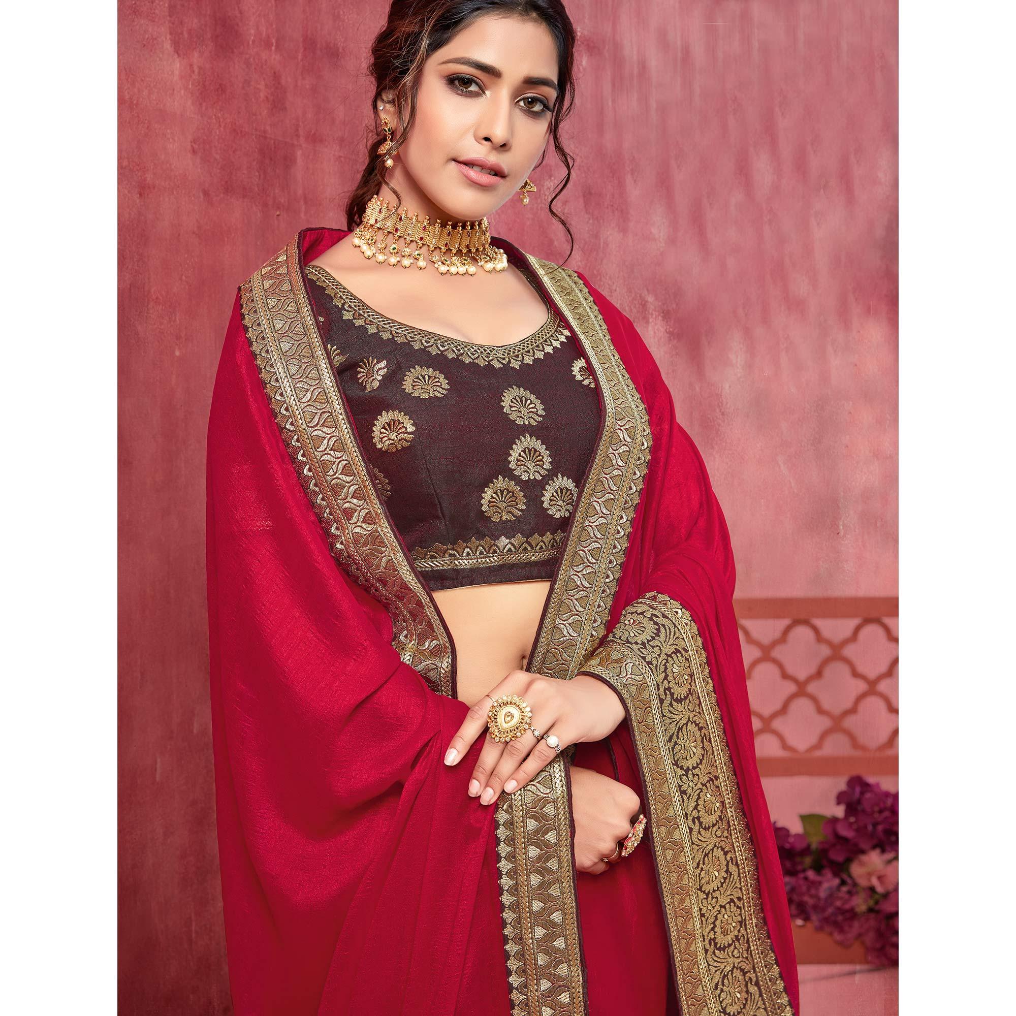 Dark Pink Festive Wear Silk Saree With Embroidered Border - Peachmode
