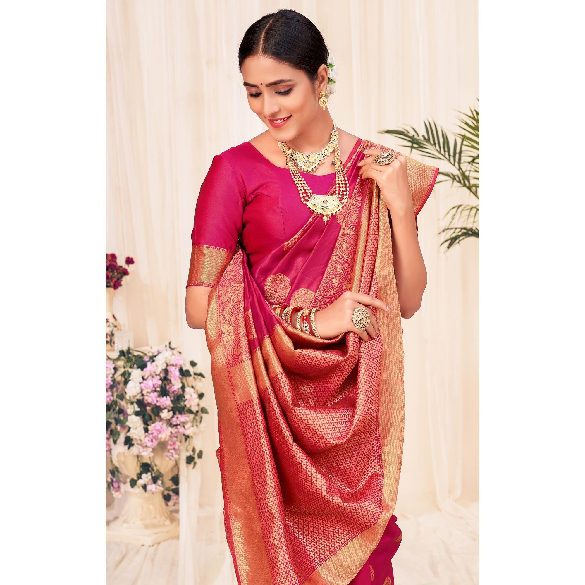 Dark Pink Festive Wear Woven Banarasi Silk Saree - Peachmode