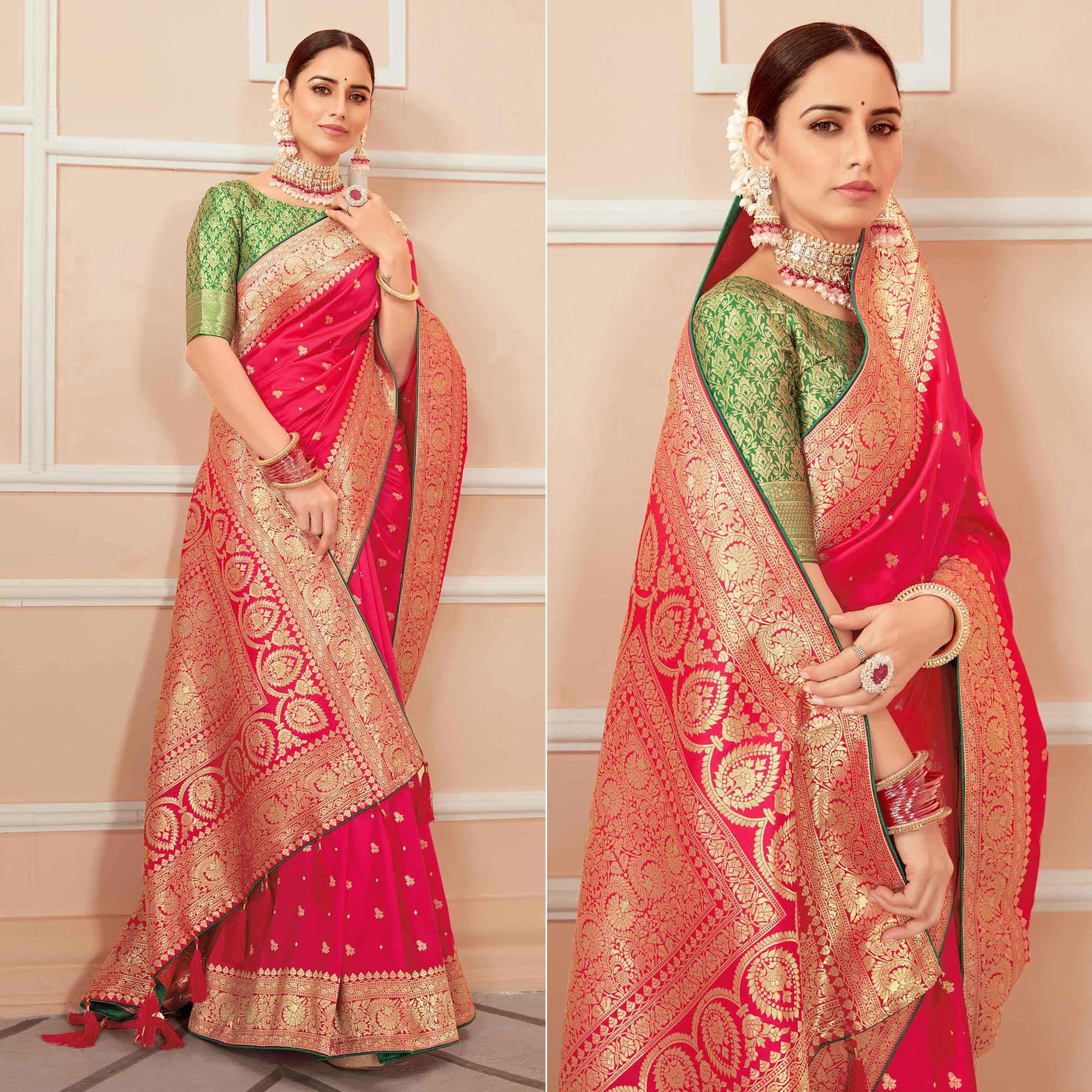 Dark Pink Festive Wear Woven Banarasi Silk Saree With Tassels - Peachmode