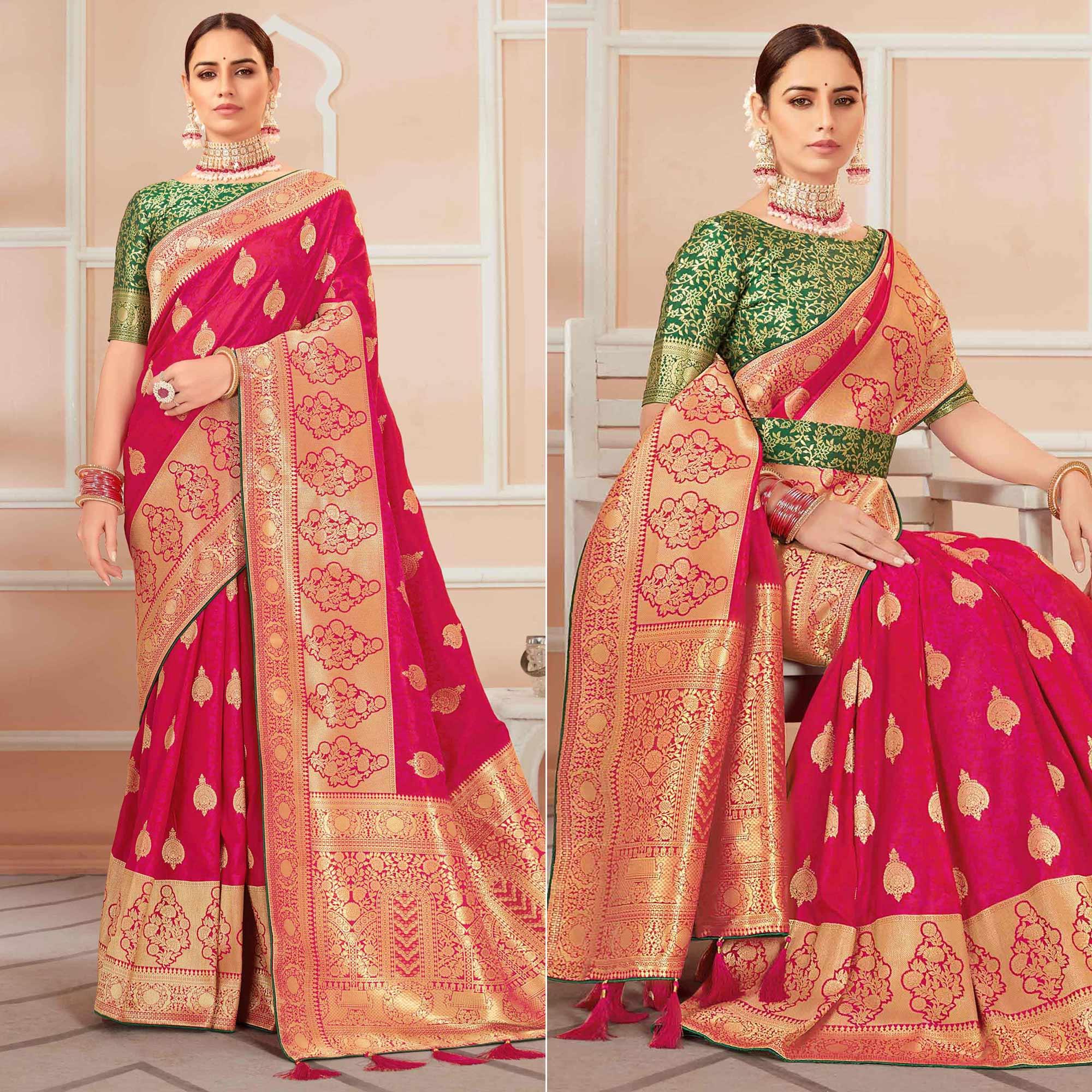 Dark Pink Festive Wear Woven Banarasi Silk Saree With Tassels - Peachmode