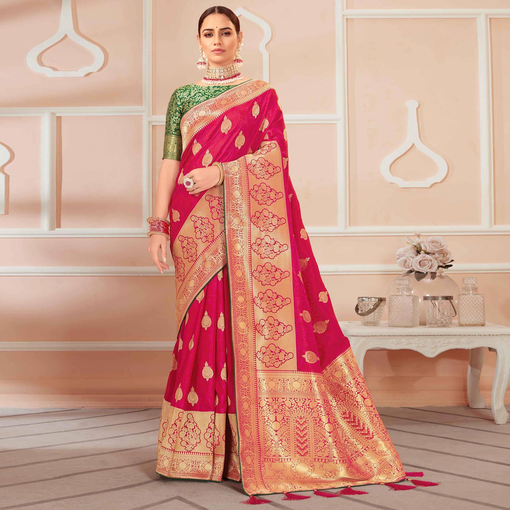 Dark Pink Festive Wear Woven Banarasi Silk Saree With Tassels - Peachmode
