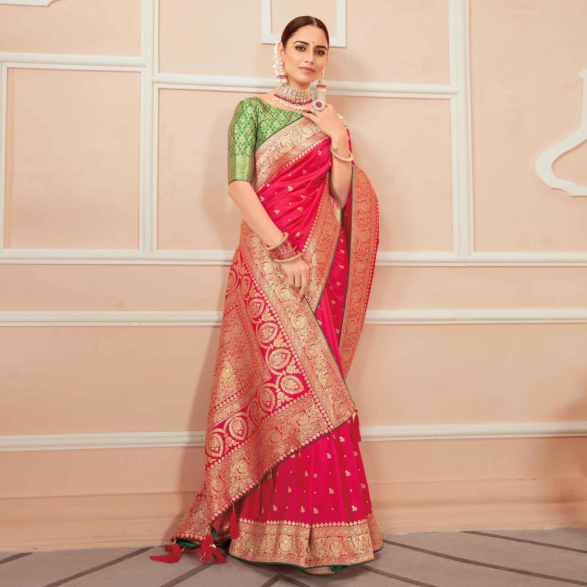 Dark Pink Festive Wear Woven Banarasi Silk Saree With Tassels - Peachmode
