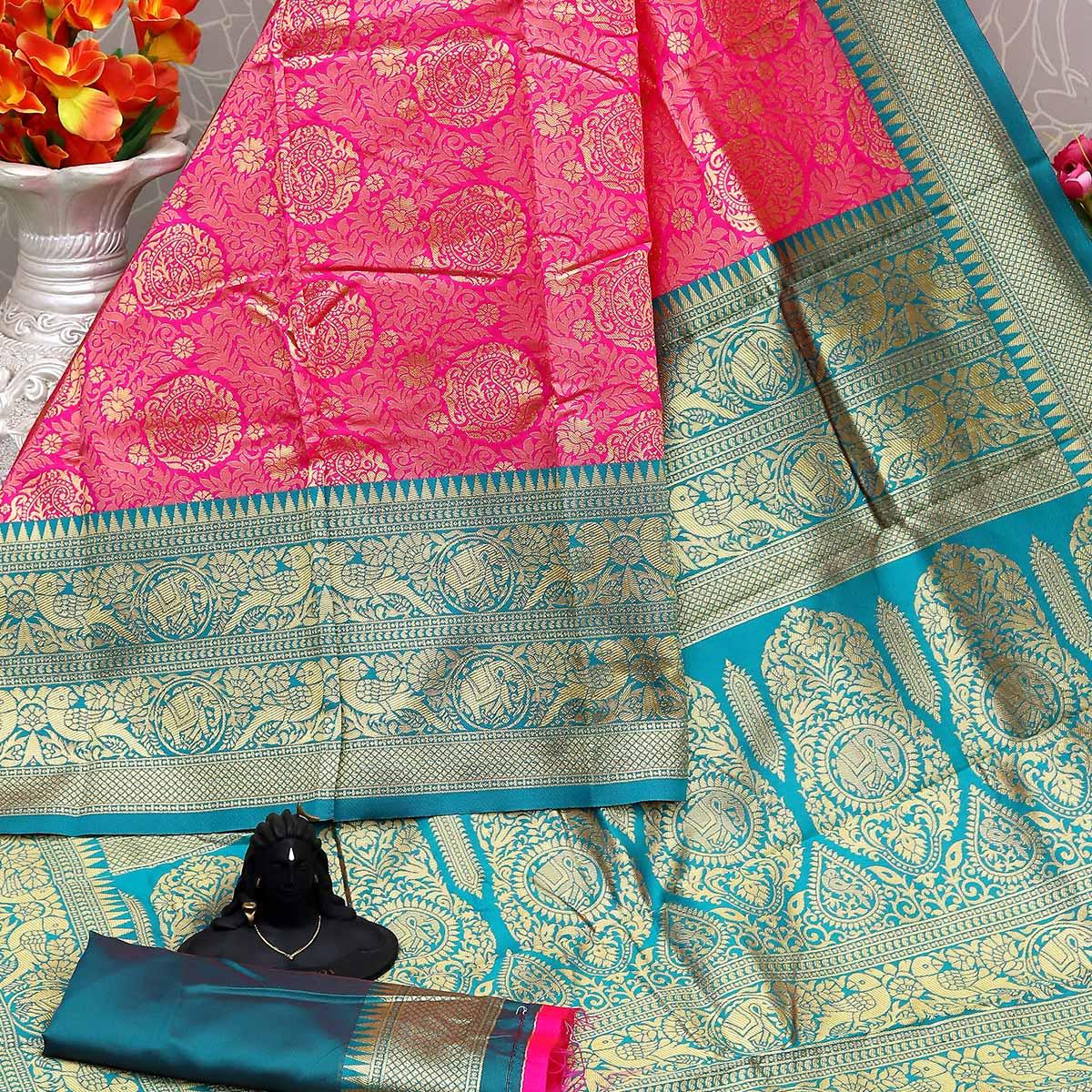 Dark Pink Festive Wear Woven Kota Litchi Banarasi Art Silk Saree - Peachmode