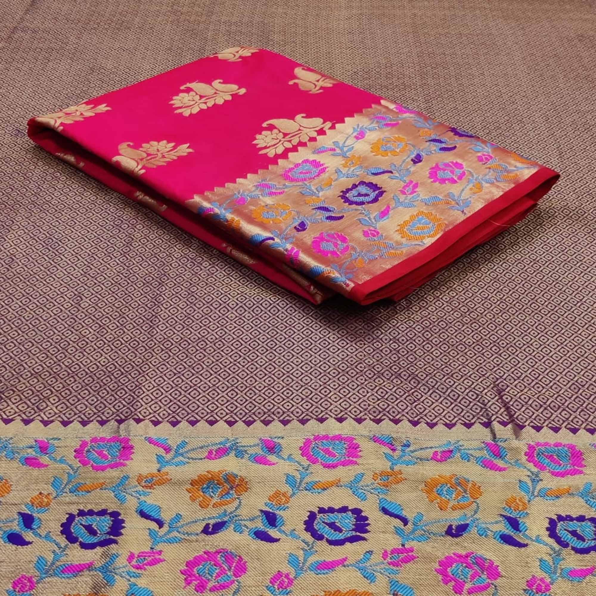 Dark Pink Festive Wear Woven Silk Saree With Border - Peachmode