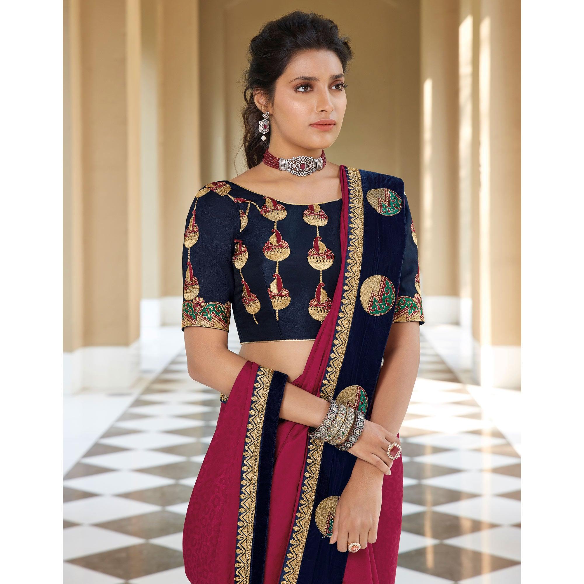 Dark Pink Festive Wear Woven Silk Saree With Border - Peachmode