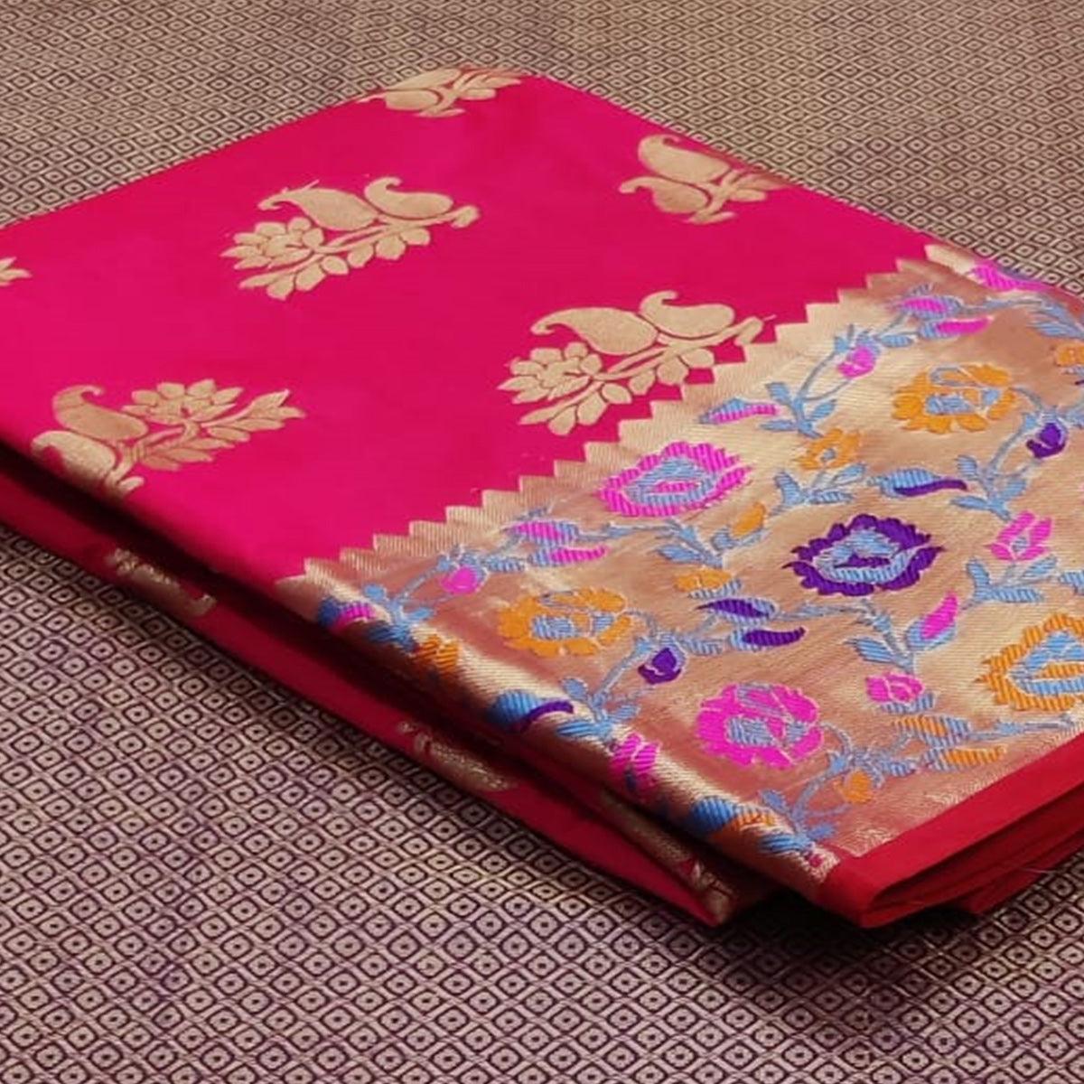 Dark Pink Festive Wear Woven Silk Saree With Border - Peachmode