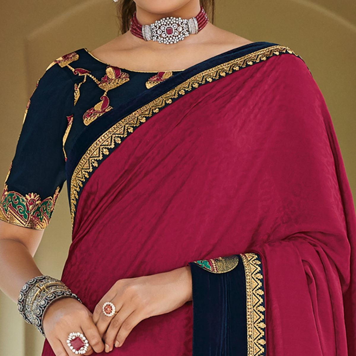 Dark Pink Festive Wear Woven Silk Saree With Border - Peachmode