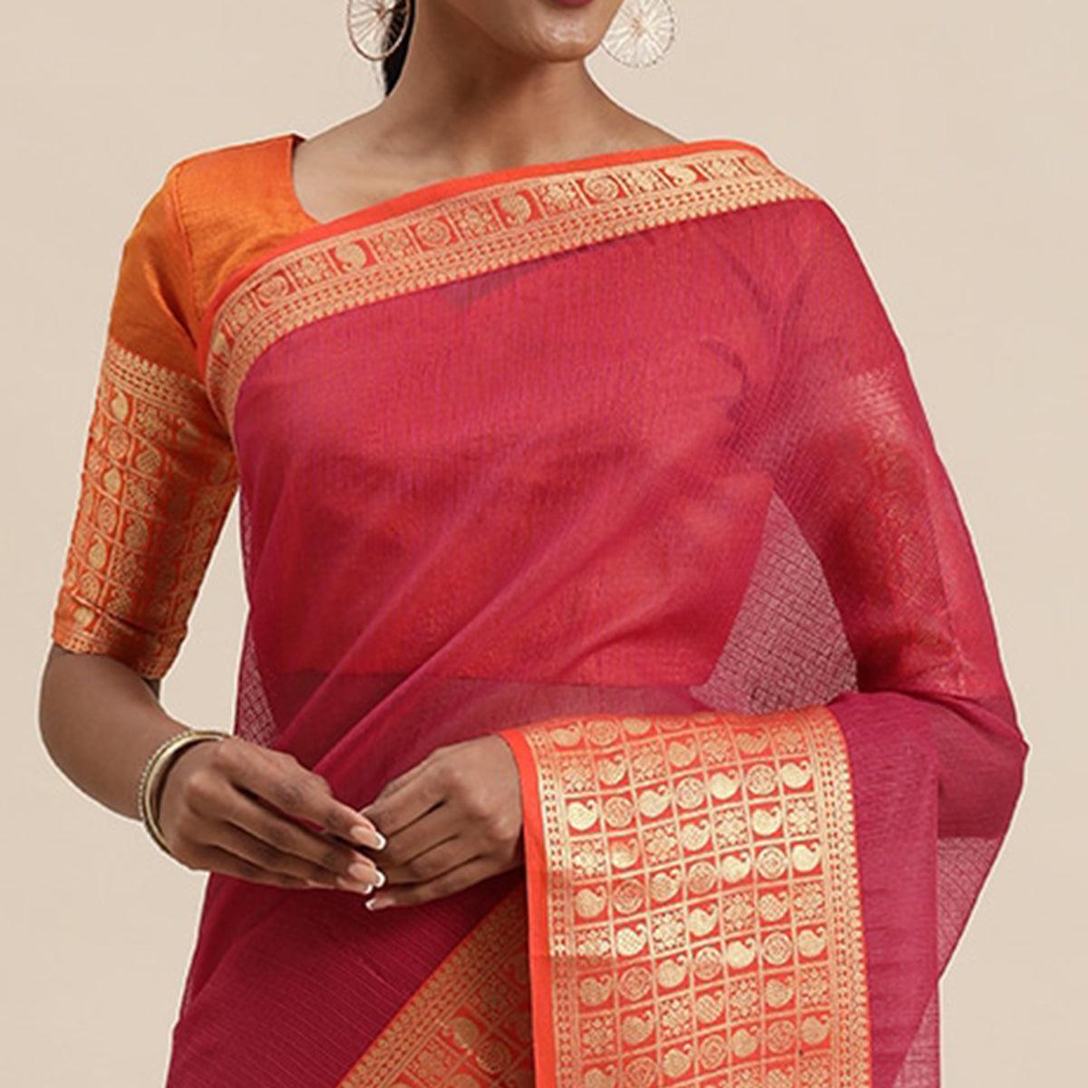 Dark Pink Festive Wear Woven Silk Saree With Jacquard Border - Peachmode