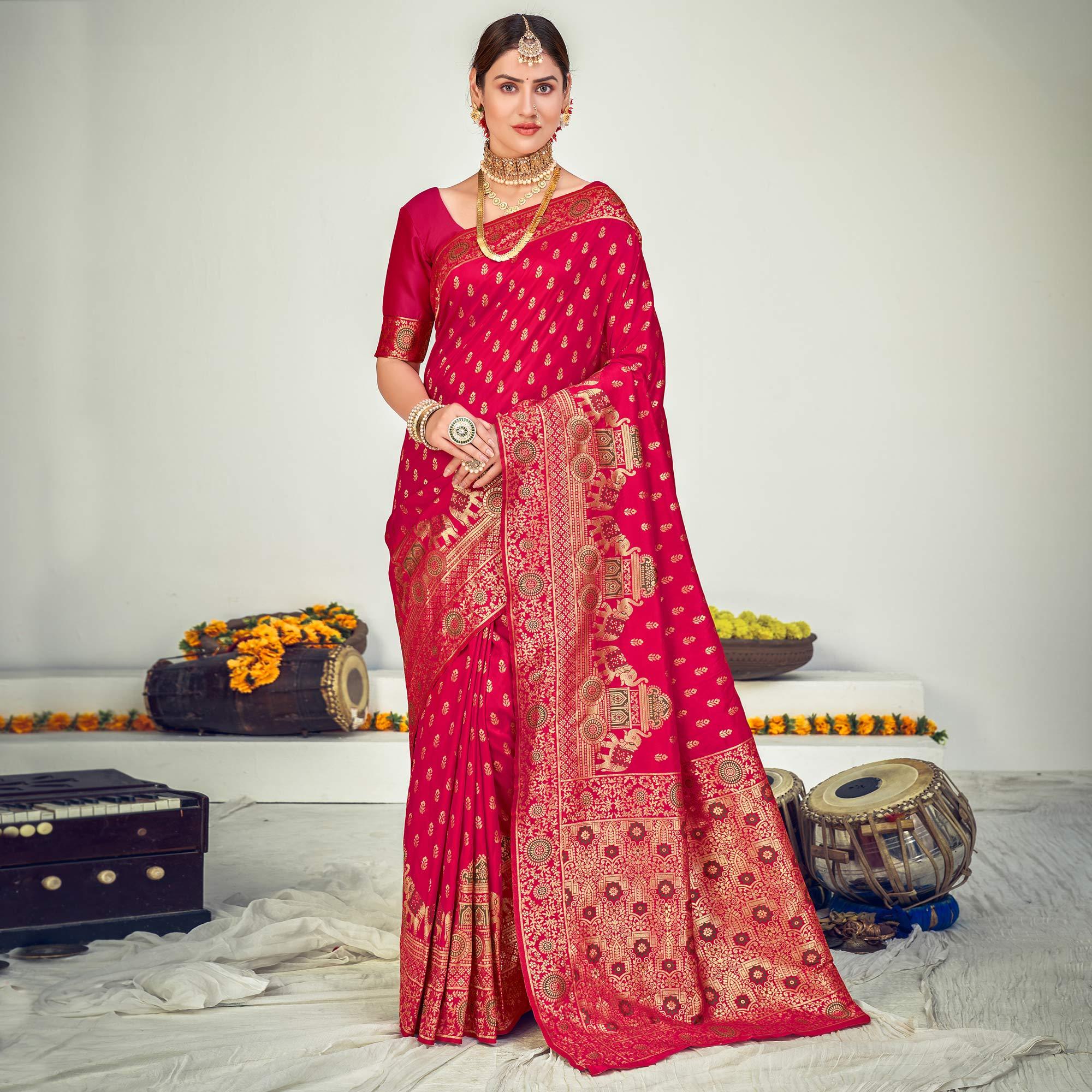 Dark Pink Festive Wear Zari Woven Banarasi Silk Saree - Peachmode