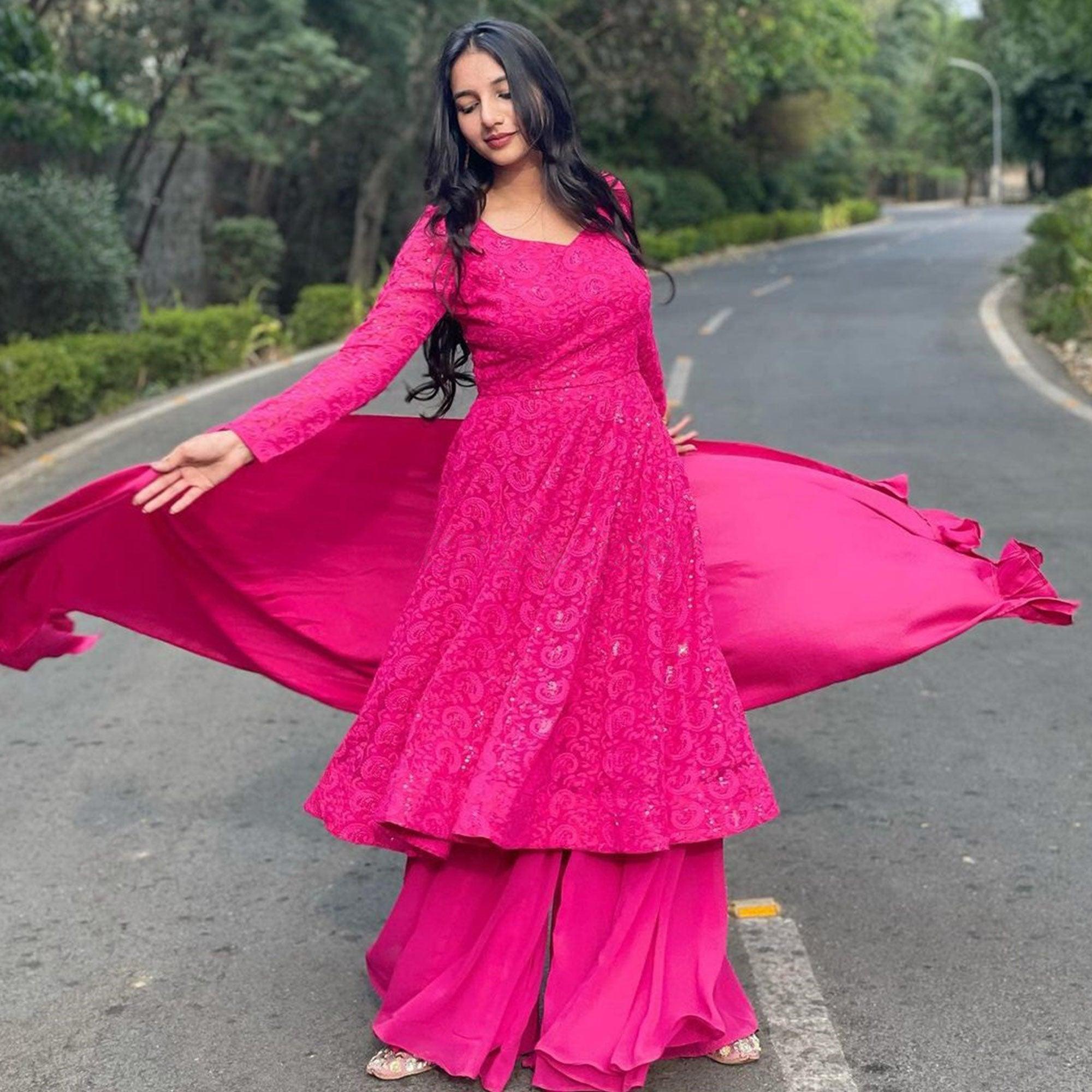Dark Pink Lucknowi Embroidered Georgette Sharara Suit - Peachmode