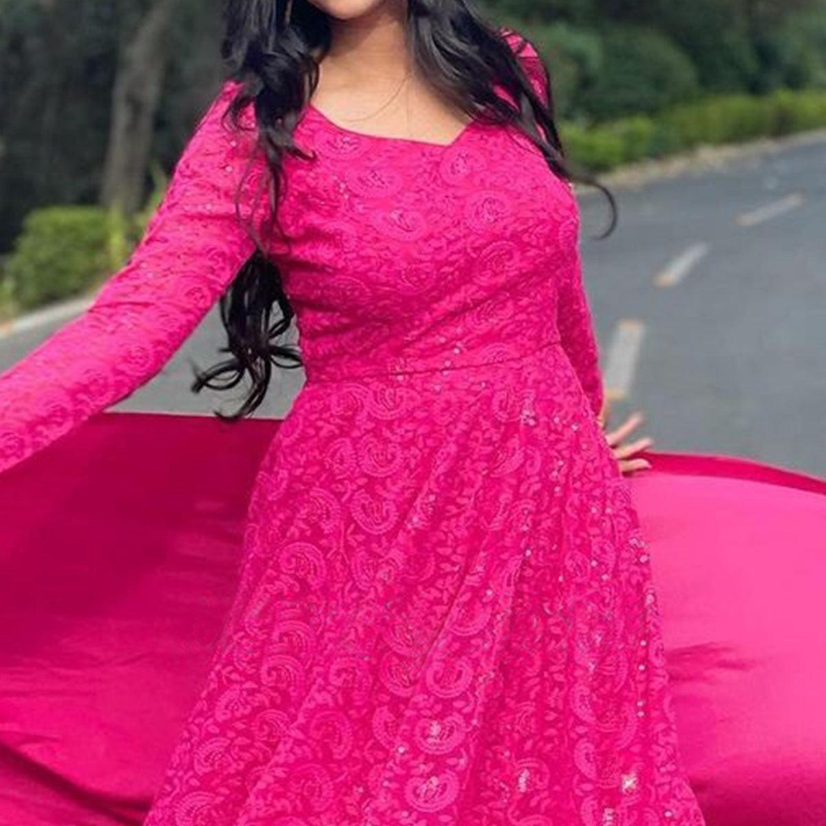Dark Pink Lucknowi Embroidered Georgette Sharara Suit - Peachmode