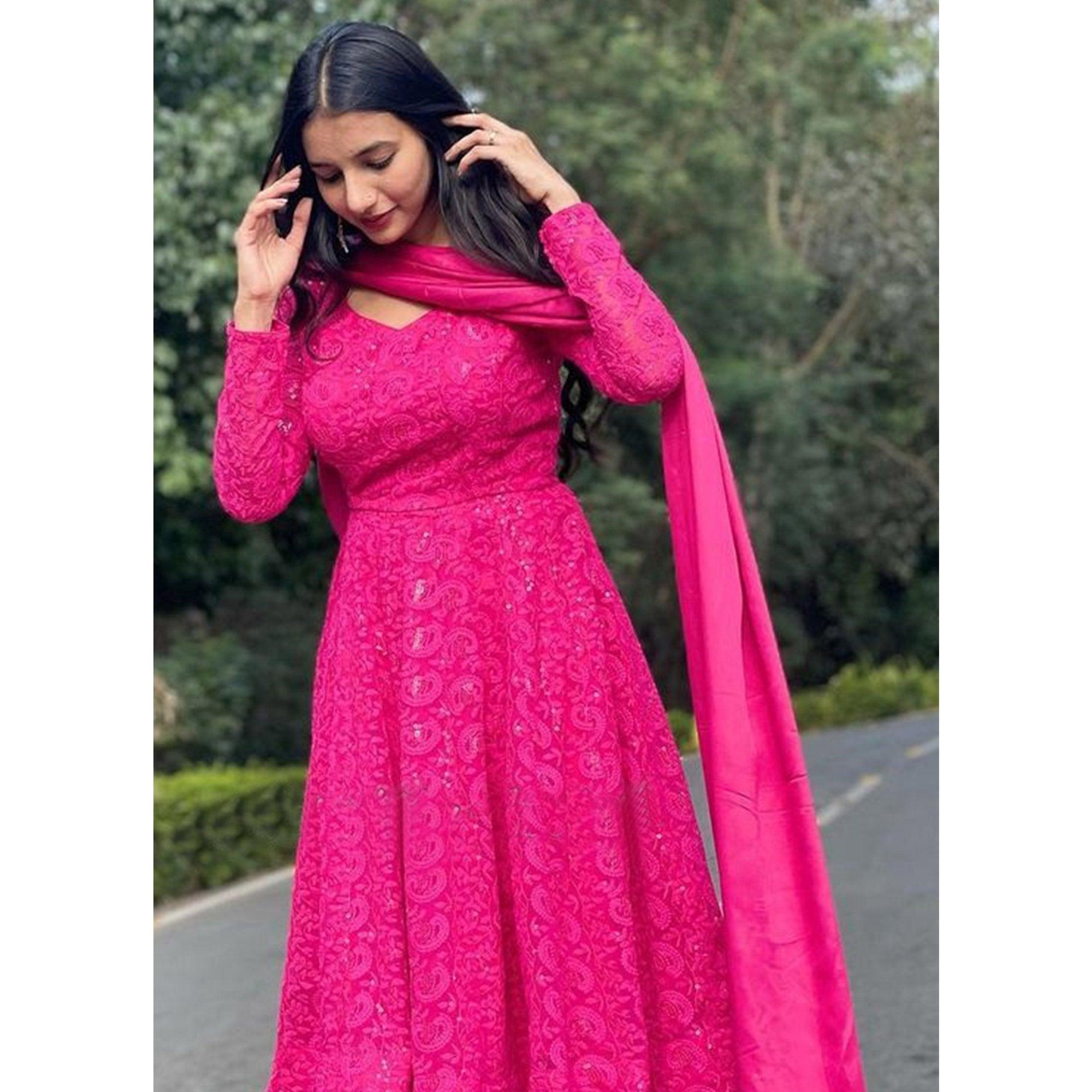 Dark Pink Lucknowi Embroidered Georgette Sharara Suit - Peachmode