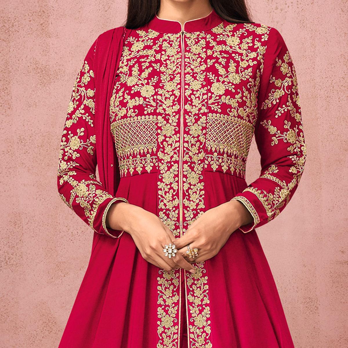 Dark Pink Partywear Embroidered Georgette Anarkali Suit - Peachmode